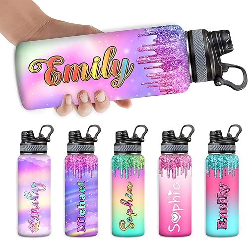 Miniatura 1 de MyPupSocks Botella de agua personalizada con nombre, color degradado, botella de agua aislada al vacío, jarra térmica de acero inoxidable con tapa