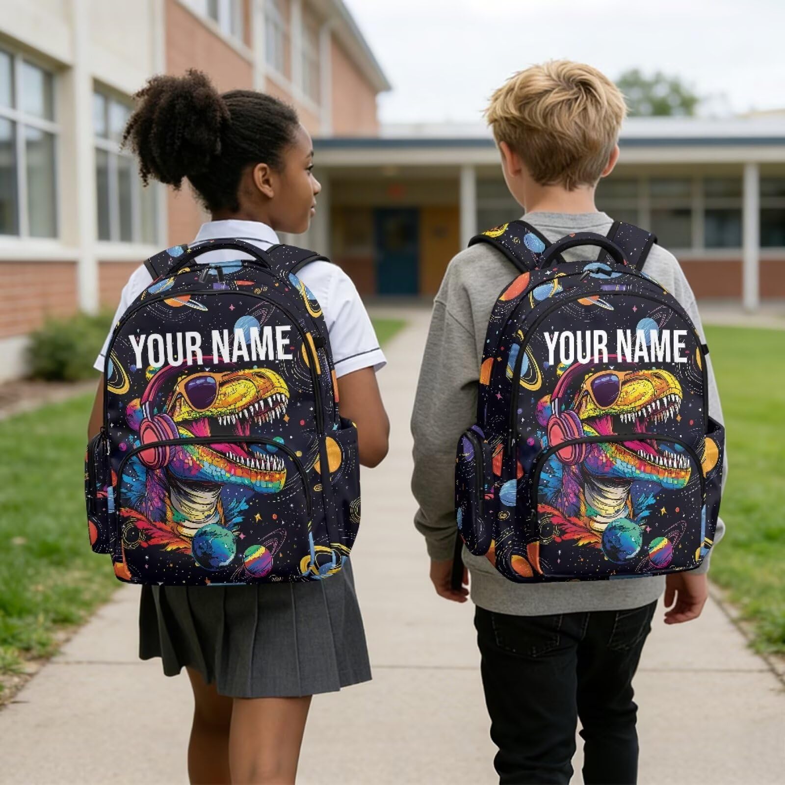 Mochila personalizada para niños con nombre, mochila escolar de 17 pulgadas, Dinosaurio divertido, L, Casual