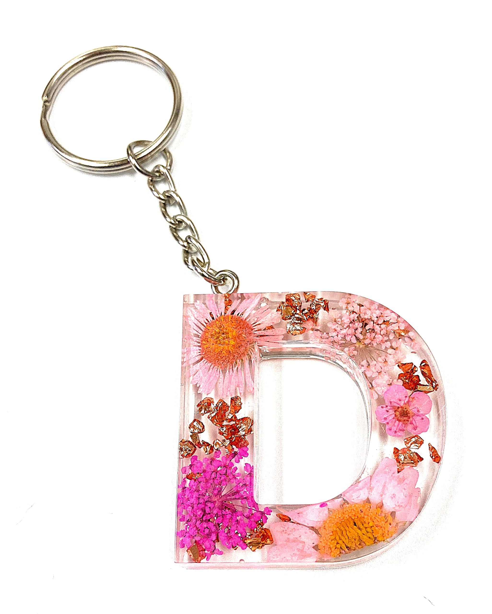Cotswold Crafts By Emma Personalised Handmade A-Z Letter Keyring with Pink Pressed Flowers and Rose Gold Foil – Custom Keychain Gift or Bag Charm for Women, Men, Kids, Handbags, or Backpacks- Letter D