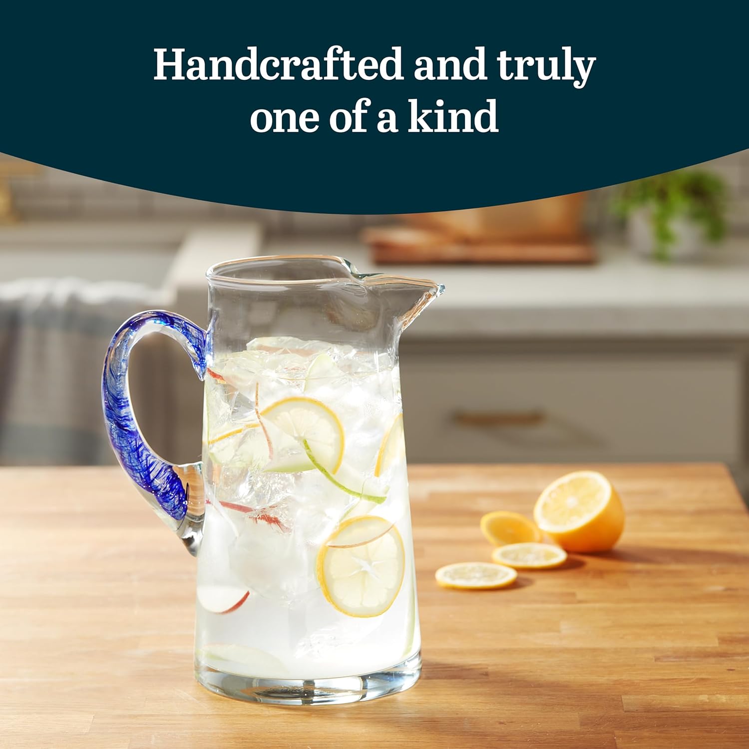 Libbey Cabos Large Glass Pitcher, 90 Oz Handcrafted Glass Water Pitcher with Spout and Blue Handle, Artisan-Inspired Water Carafe for Tables, Kitchen Cabos Blue