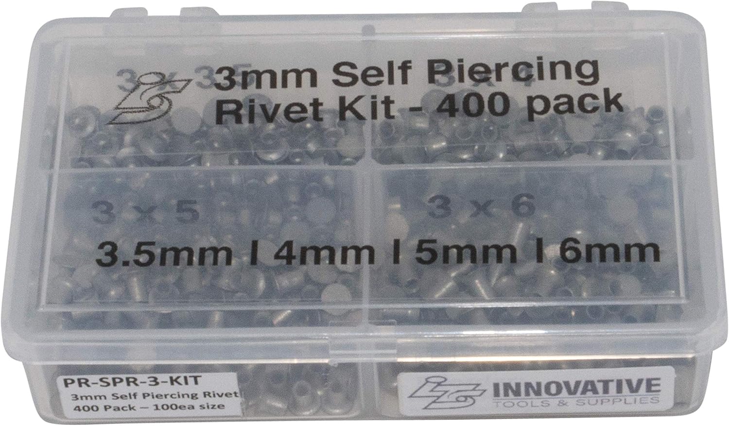 Innovative Tools & Supplies Self-Piercing Rivets 3mm Assorted Size Kit of 400 Pieces - 100 Each Size