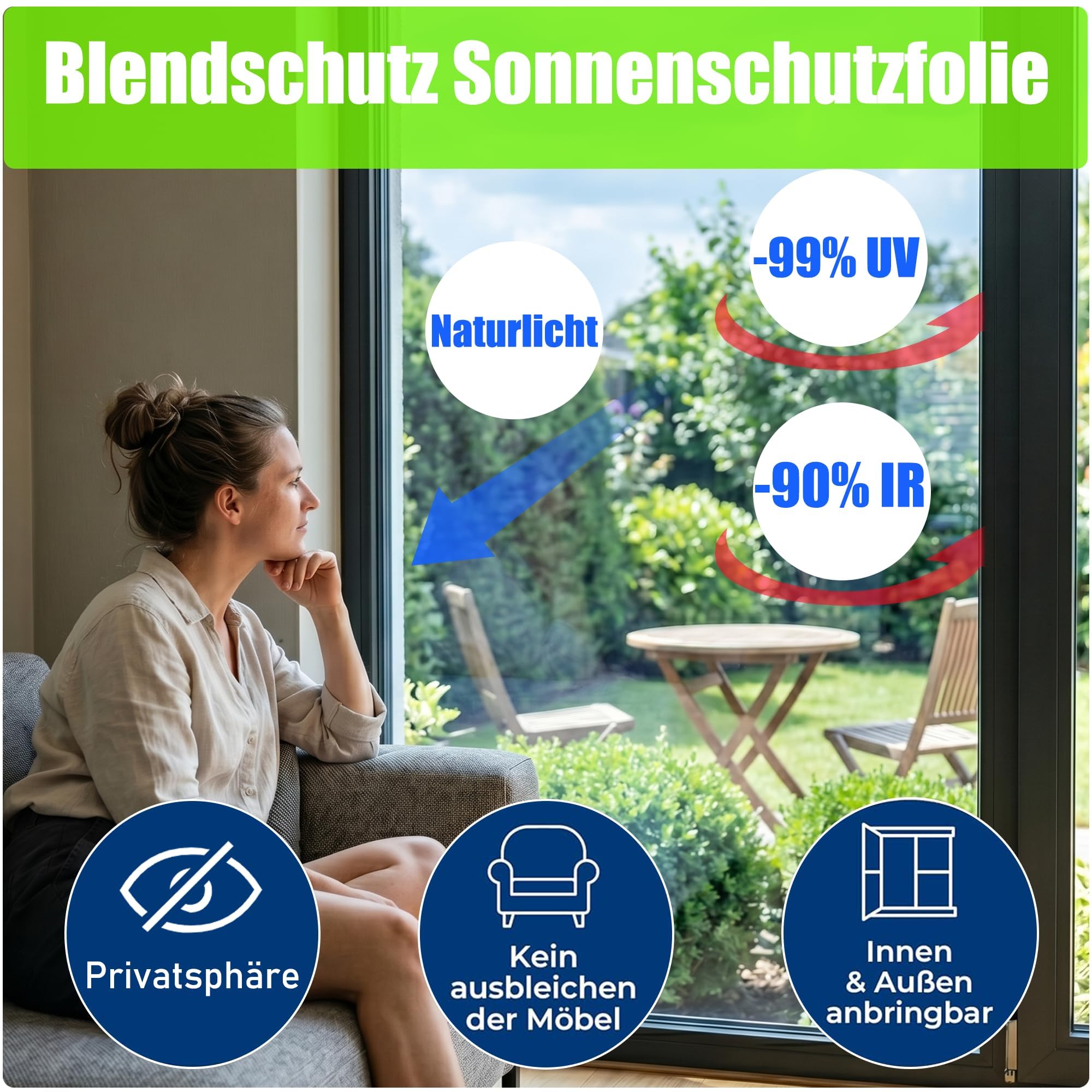 Spiegelfolie Fenster Sichtschutz Fensterfolie Sonnenschutz Hitzeschutz innen oder außen Sichtschutzfolie Selbstklebend UV Folie Sonnenschutzfolie Rückstandslose (Silber (Selbstklebend), 90X400 cm)