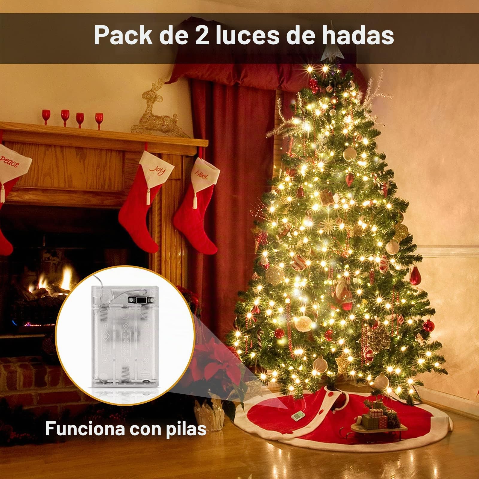 Suright Guirnalda Luces, 2 x 12M Luces LED Pilas Impermeable Exterior Interior, 120 LED Cadena Luces LED Decoración para Navidad Guirnalda Jardín Habitación Terraza Pared Cortina - Amarillo Cálido