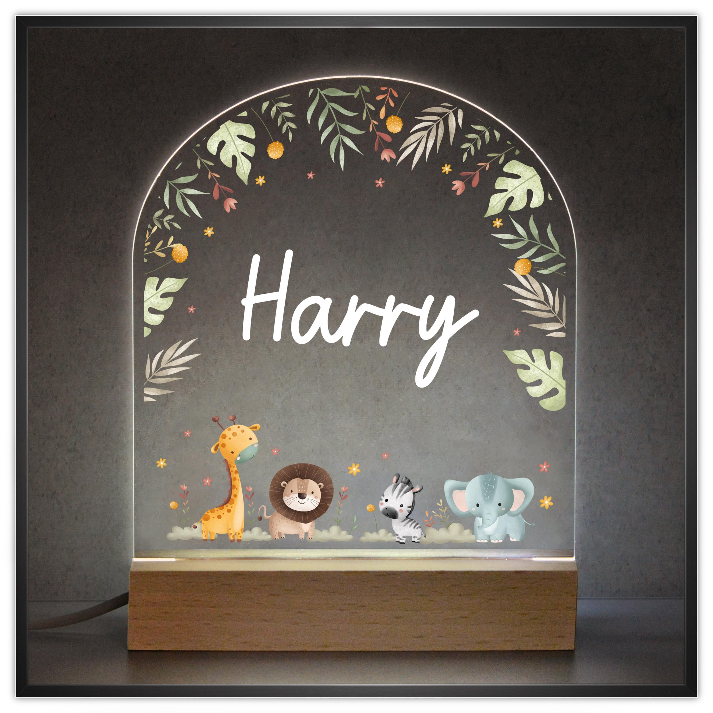 Beecreative Personalised Jungle Animal Nursery Light Gift - Custom LED Night Lights with Any Name - Boys Bedroom Sleep Lamp
