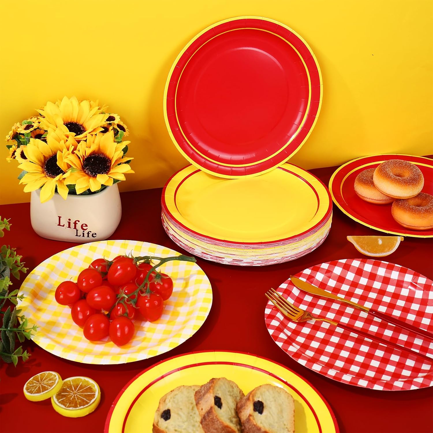 JarThenaAMCS 48Pcs 9" Hot Dog Party Paper Plates Red and Yellow Gingham Disposable Plates Pizza Party Dinner Dessert Plate for Summer BBQ Picnic Pizza Birthday Baby Shower Table Decor