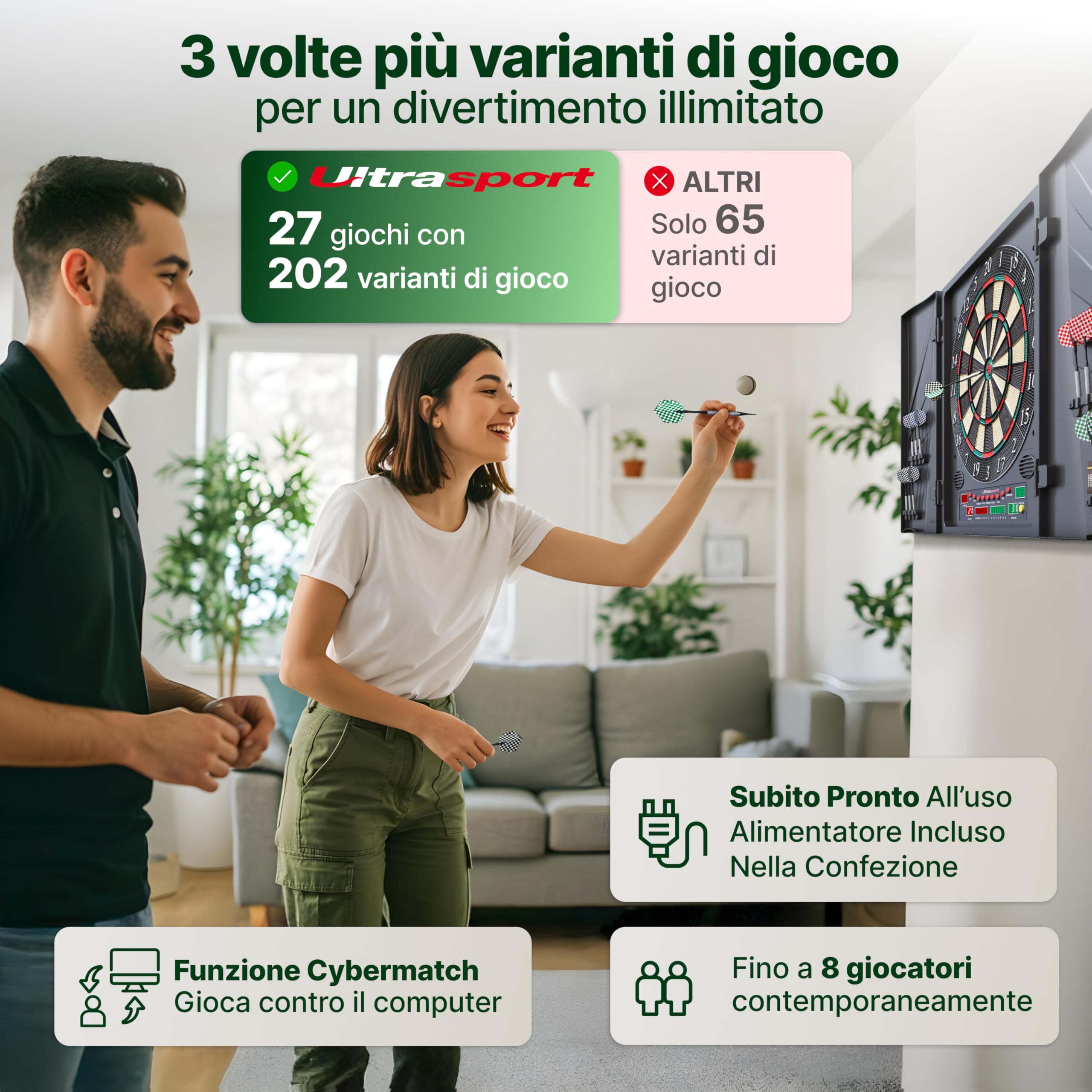 Ultrasport Tavola da Freccette Elettronica, con/Senza Porte, Freccette Classiche per 16 Giocatori, Gioco di Freccette con indicatore LED, 38 Giochi e Molte Varianti,12 Freccette e 100 Punte morbide