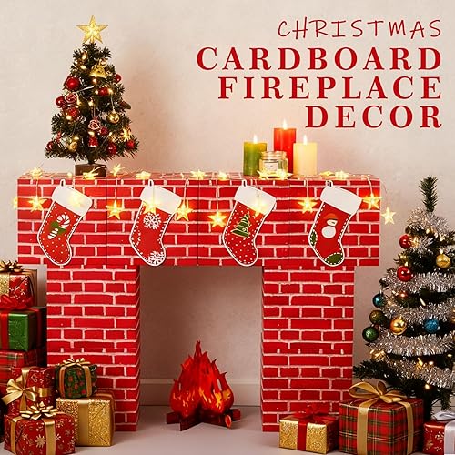 Miniatura 3 de Juego de 13 cajas de cartón de Navidad para decoración de chimenea, juego de cajas de cartón de ladrillo rojo artificial 3D, chimenea, fogata falsa,