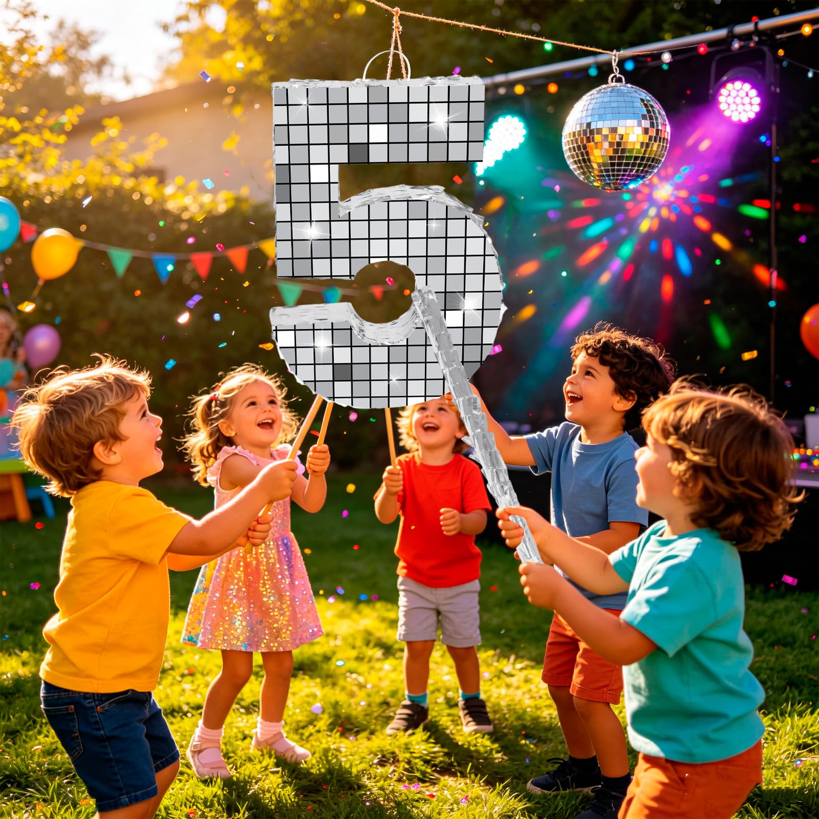 Decoración de fiesta de cumpleaños de discoteca, piñata número 5 de 16 pulgadas con palo de piñata, confeti vendado para música, baile, decoración de fiesta de cumpleaños (5ª)