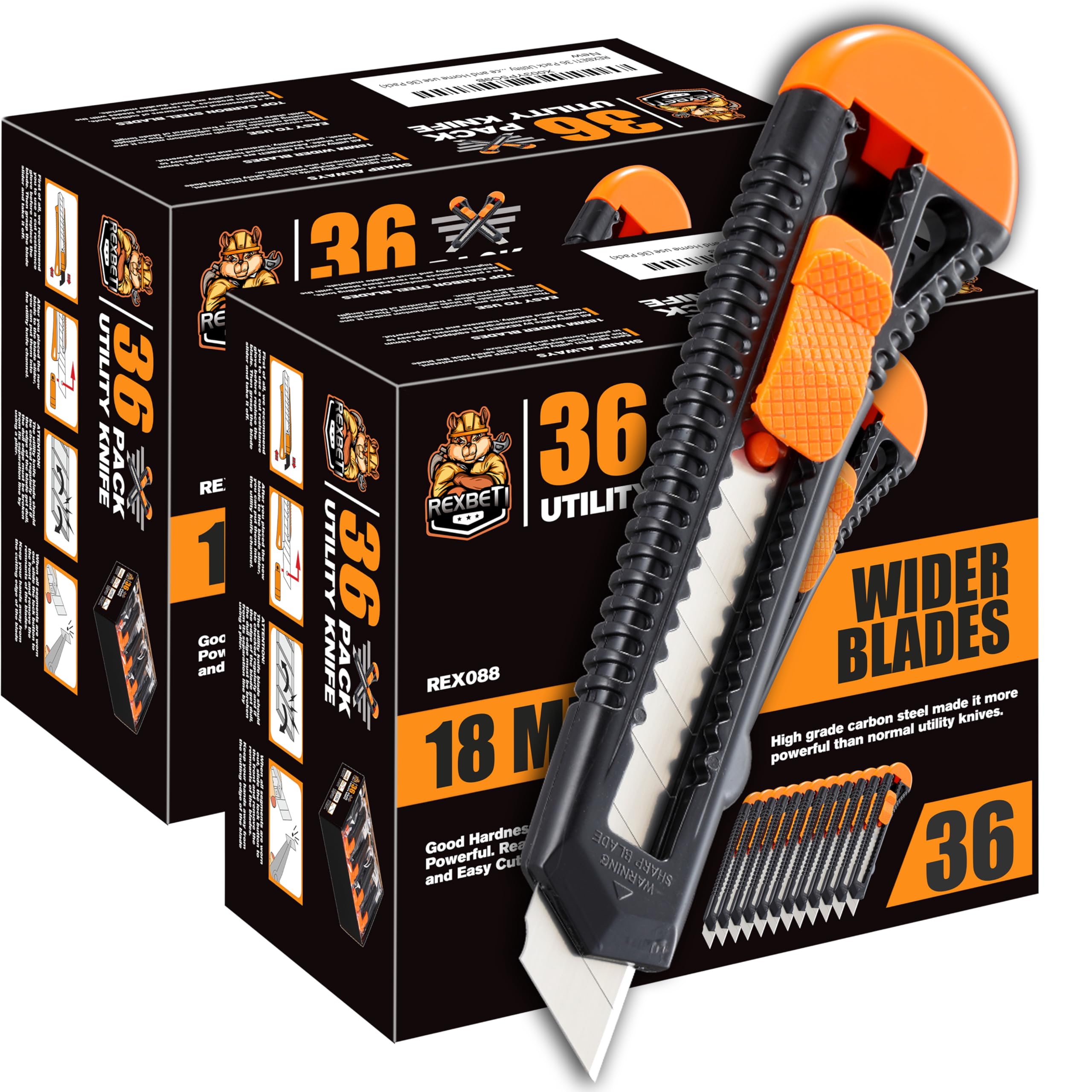 REXBETI Utility Knife, Retractable Box Cutter for Cartons, Cardboard and Boxes, 18mm Wider Razor Sharp Blade, Smooth Mechanism, Perfect for Office and Home use (72 Pack)