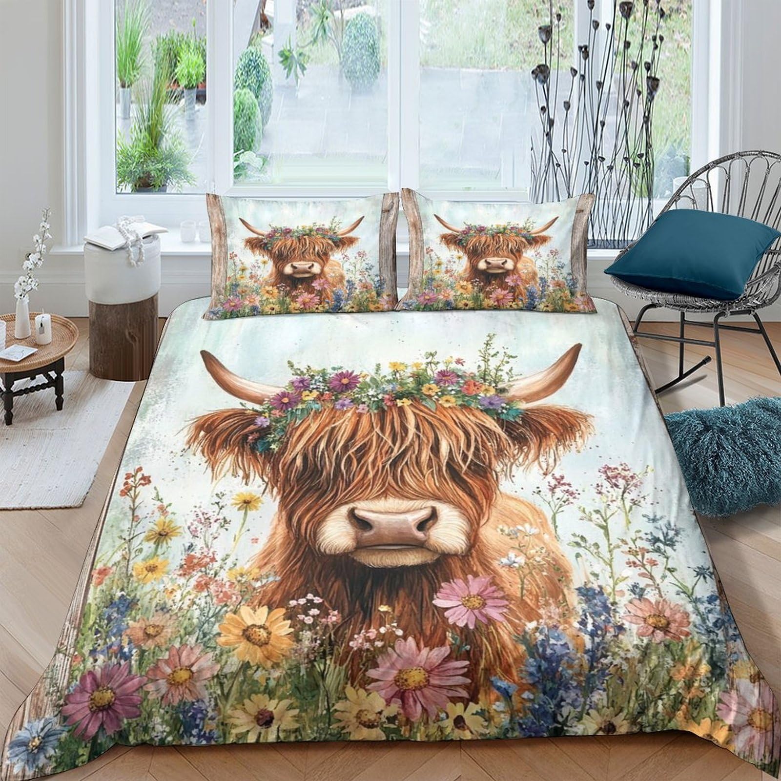 Ctjqhvkz Style-3 3D Printed Highland Cow Floral Fitted Sheet Microfiber Soft Breathable Wildflower Bed Cover For Bedroom Guestroom Decor Single（135X200cm）