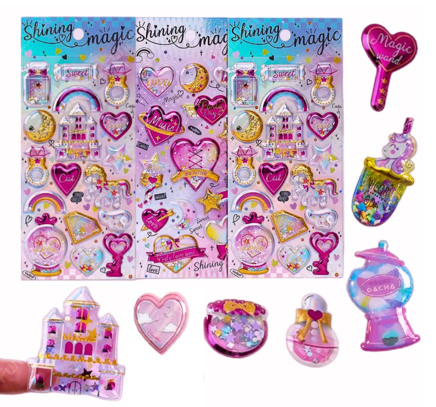 FunBlast Kawaii Stickers Set – Set of 3 Glitter Stickers for Kids, Cute 3D Stickers for Girls, Aesthetic Foam Sticker for Kids, Self Adhesive Sticker (Pack of 3)