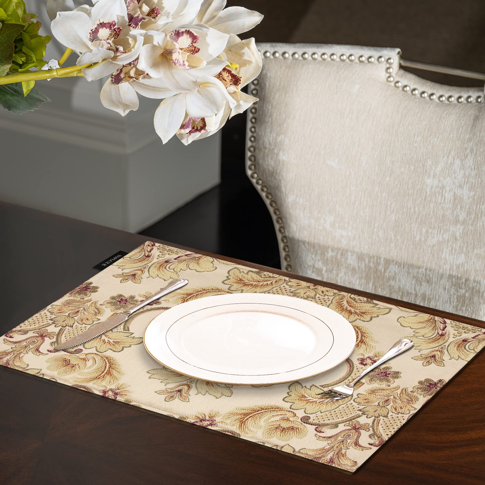 Loom and Mill Luxus-Tischsets, 6 Stück, florales Damast-Jacquard-Stoff, rutschfeste Tischsets für Esszimmer, Küche, Party, Urlaub, langlebige und waschbare Esstischsets (Khaki, 30.5x45.7 cm)