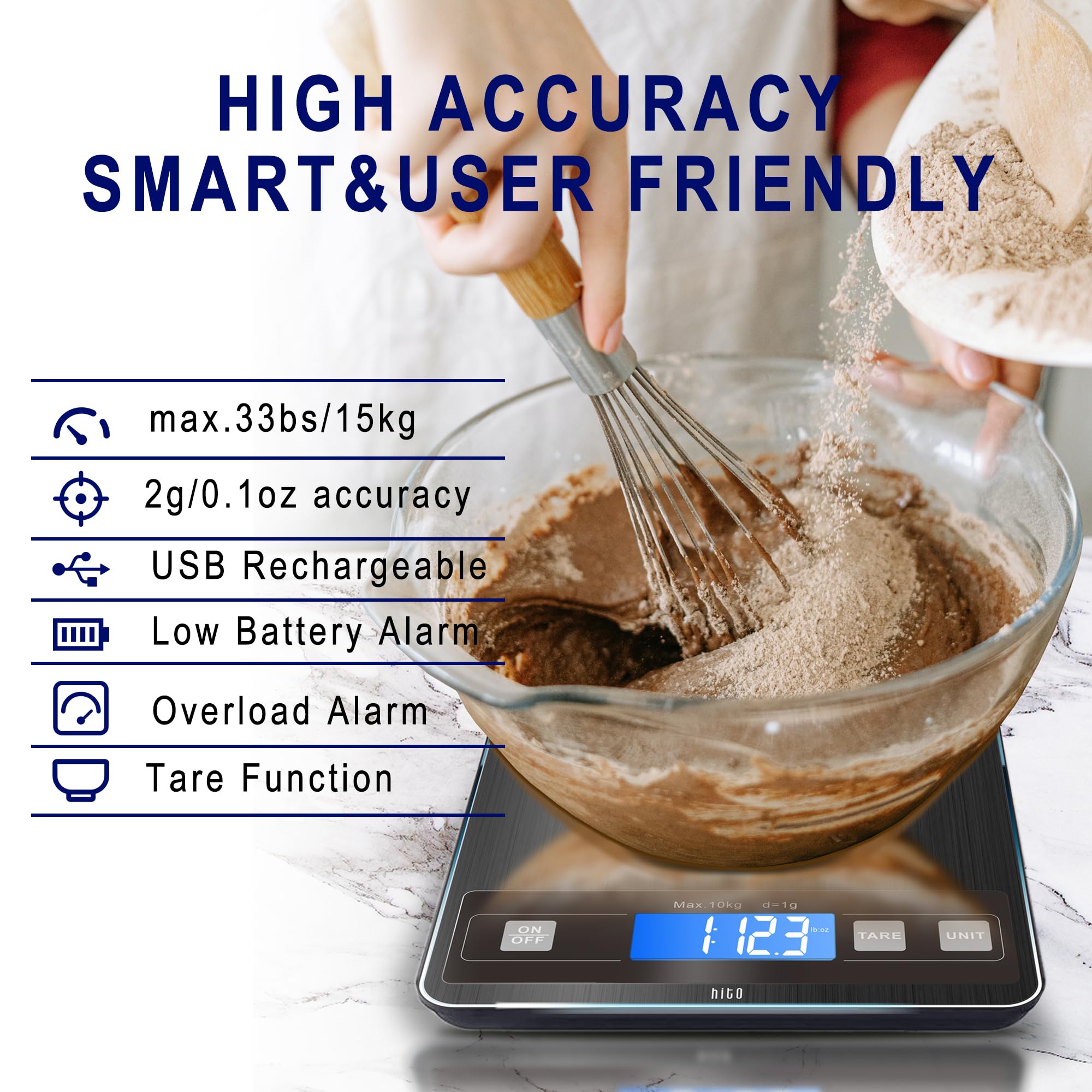 hito Balance alimentaire numérique de 15 kg, charge de type C et piles incluses, pour perdre du poids, cuisine et pâtisserie