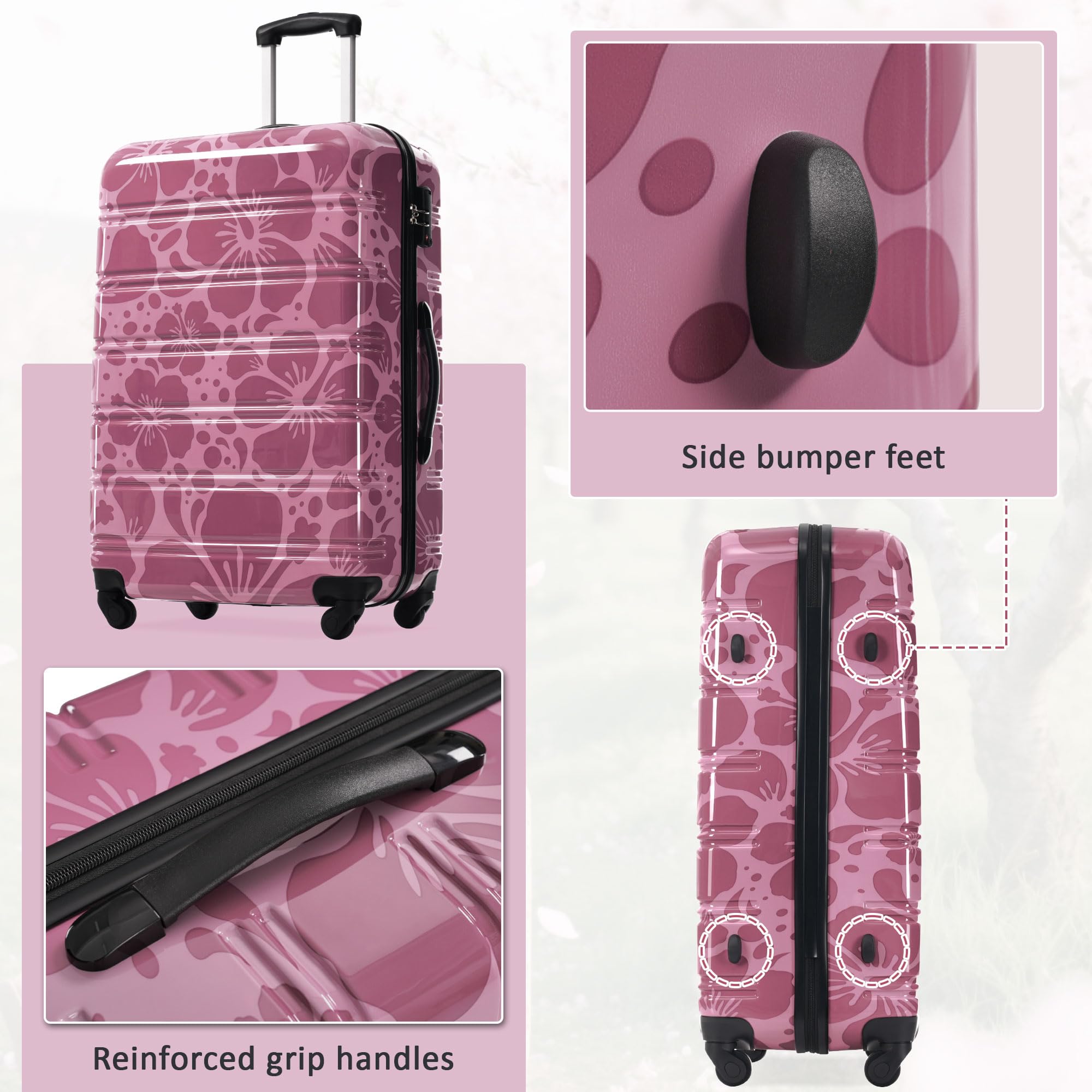 Set di 3 valigie rosa da 50/61/28 pollici, con guscio rigido con ruote girevoli, valigia rigida con ruote girevoli, valigia leggera a quadri con serratura TSA, per ragazze e uomini, Rosa