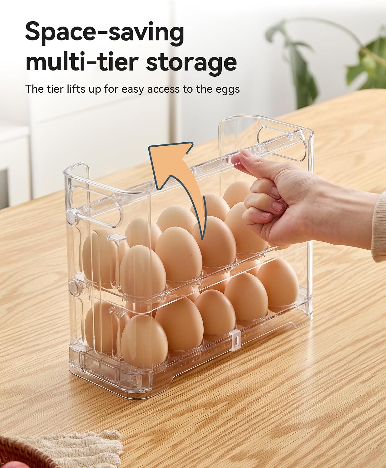 3-Tier Egg Holder, Holds 30 Eggs with Lift-Up Layers & Date Tracker, Multi-Use egg Organizer with Handle for Countertop, Pantry, Refrigerator, Clear