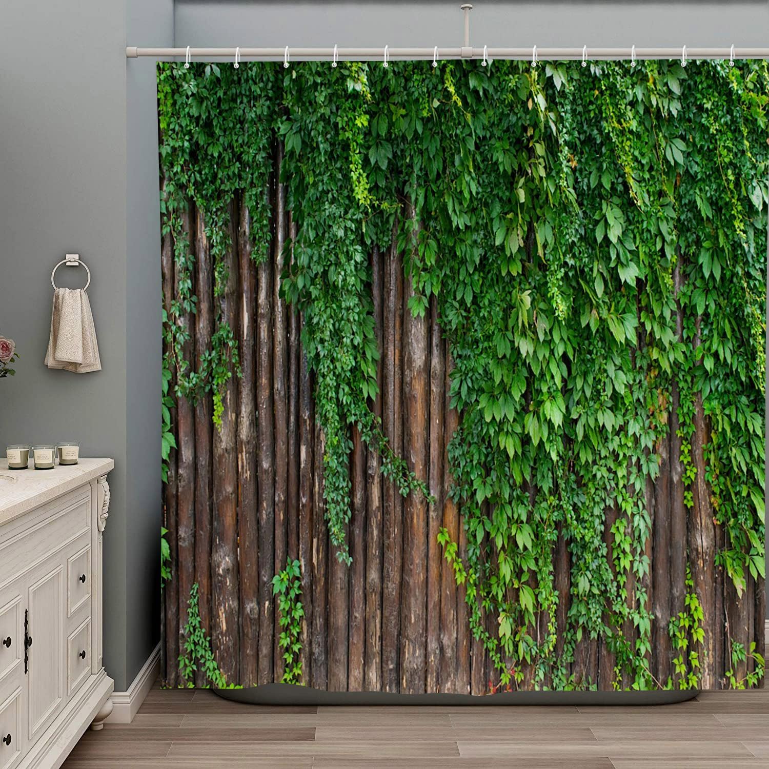 Stone Brick Wall Shower Curtain Green Leaves Garden Landscape Nature Plant Scenery Rustic Marble Rocks Stone Wall Bathtub Curtains Fabric Bathroom Accessories with Hooks 118Wx70H Inch