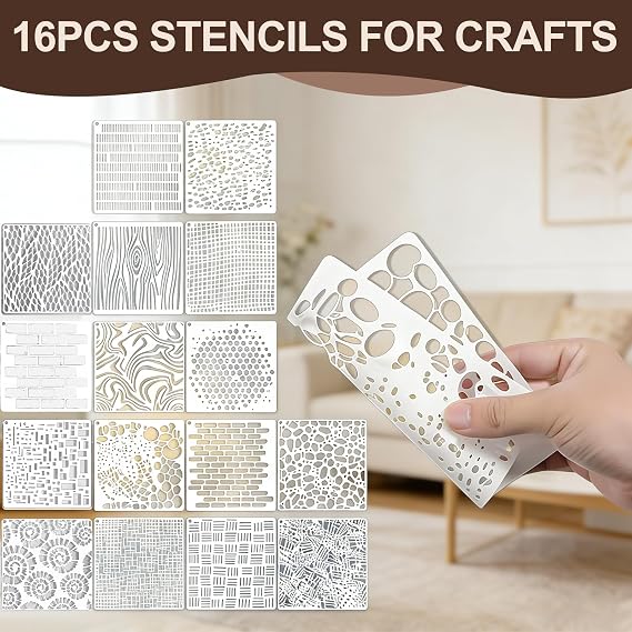 16Pcs Stencils for Painting - Square Stencils for Crafts, Reusable Art Stencil, Flower Texture Templates for Wall, Canvas, Wood, Scrapbooking, Journaling, DIY Graffiti & Decorative