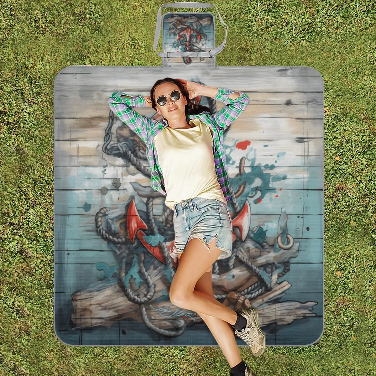 Manta de picnic de 150 x 145 cm, diseño vintage de ancla azul marino, plegable, manta de playa para exteriores, impermeable, para playa, camping, senderismo, picnic