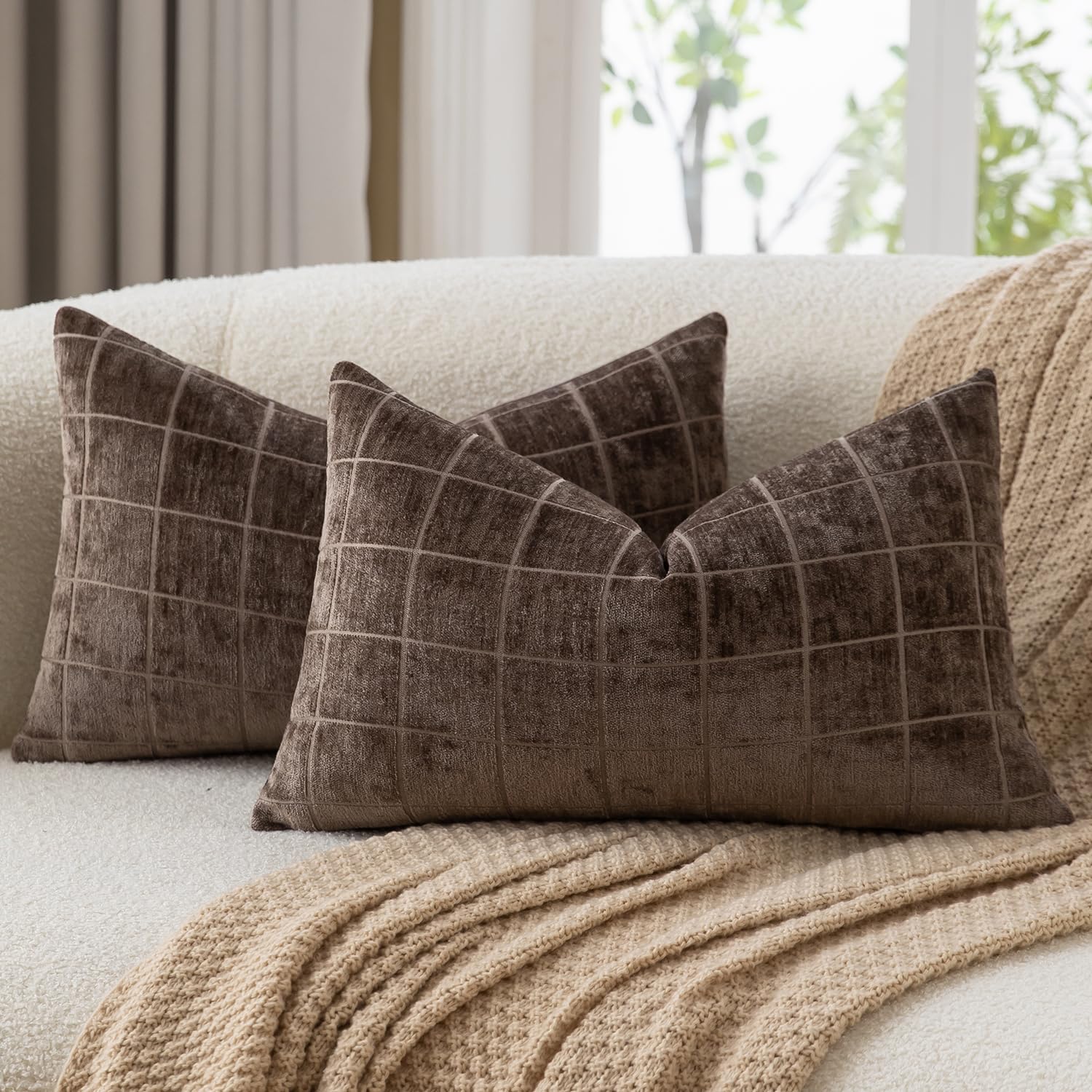 Mandioo Pack of 2 Chenille Check Cushion covers 30x50cm 12x20 Inch Vintage Plaid Decorative Pillow Covers Soft Velvet Backing Throw Pillow cases Farmhouse Sofa Couch Bed Living Room Chocolate โ image 1