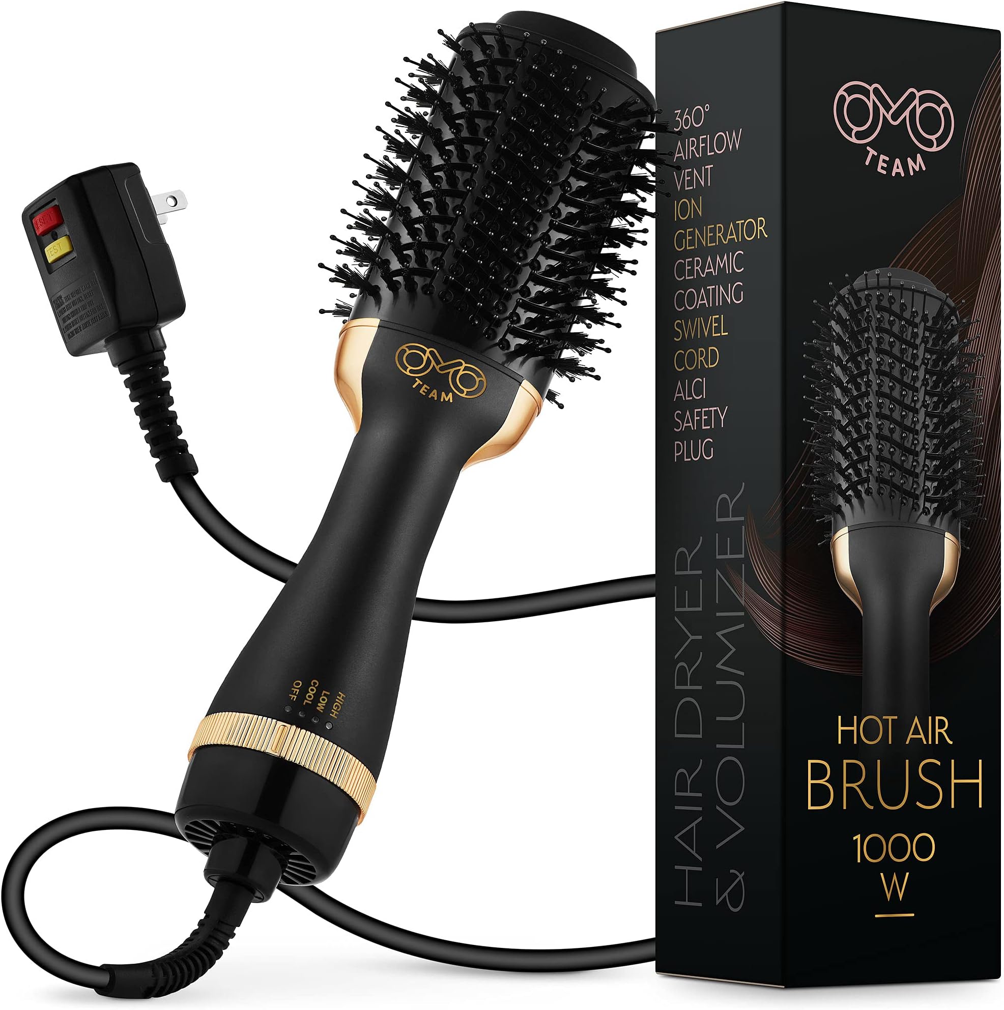 - Professional Blowout Hair Dryer Brush, Black Gold Dryer and Volumizer, Hot Air Brush for Women, 75MM Oval Shape (Black Gold)