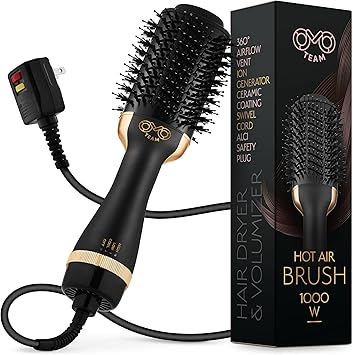 Professional Blowout Hair Dryer Brush, Black Gold Dryer and Volumizer, Hot Air Brush for Women, 75MM Oval Shape Black Gold