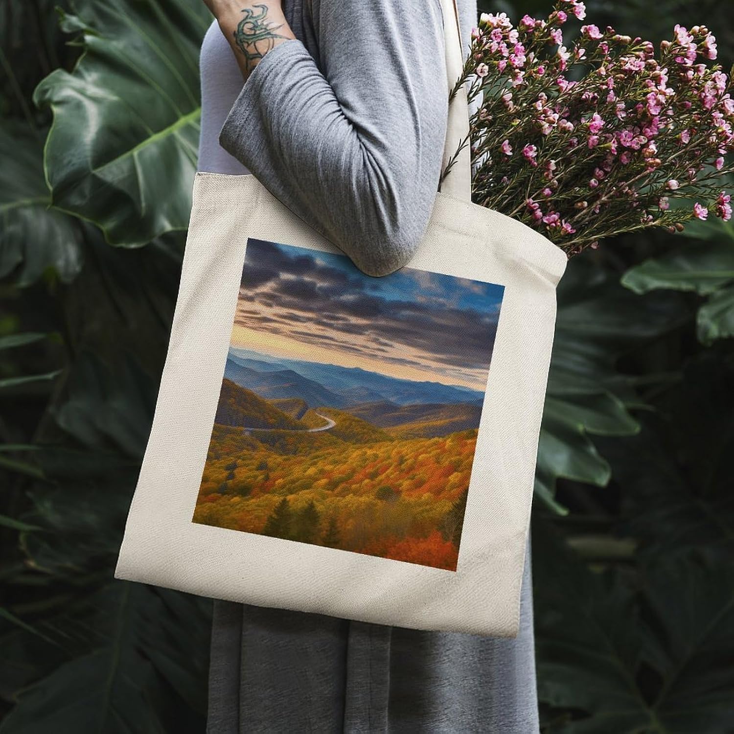 Blue Ridge Parkway Mountains Cotton Polyester Blend Canvas Carryall Bag | Blue Ridge Parkway Mountains Reusable Fabric Handbag for Grocery Travel Daily Errands Multipurpose Storage Carry Tote
