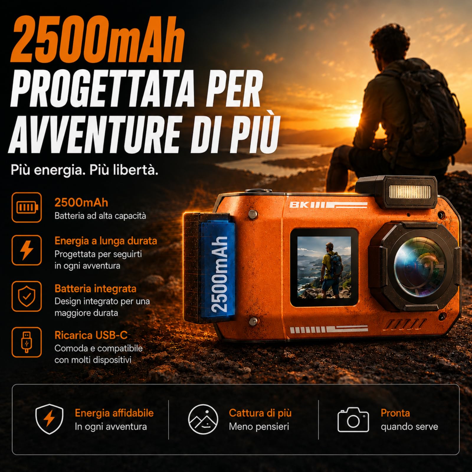 MaxMango D50 33FT Macchina Fotografica Subacquea Impermeabile, 8K 70MP Fotocamera Digitale con 16 GB di Scheda, Doppio Schermo 2.8'' per Selfie, 18x Zoom, Resistente a Polvere e Urti per Snorkeling