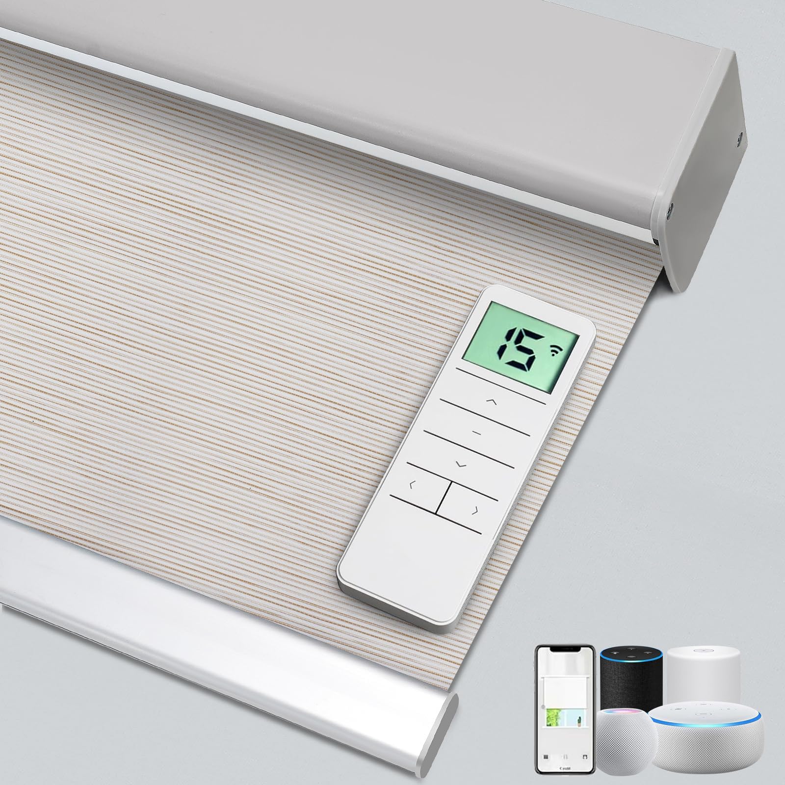 Motorized 100% Blackout Roller Shades – Custom Smart Blinds with Remote Control, Rechargeable Battery or Plug-in Motor, Tuya WiFi Optional, Home & Office Automatic Window Shades (Vibeke Greige/CH9427)
