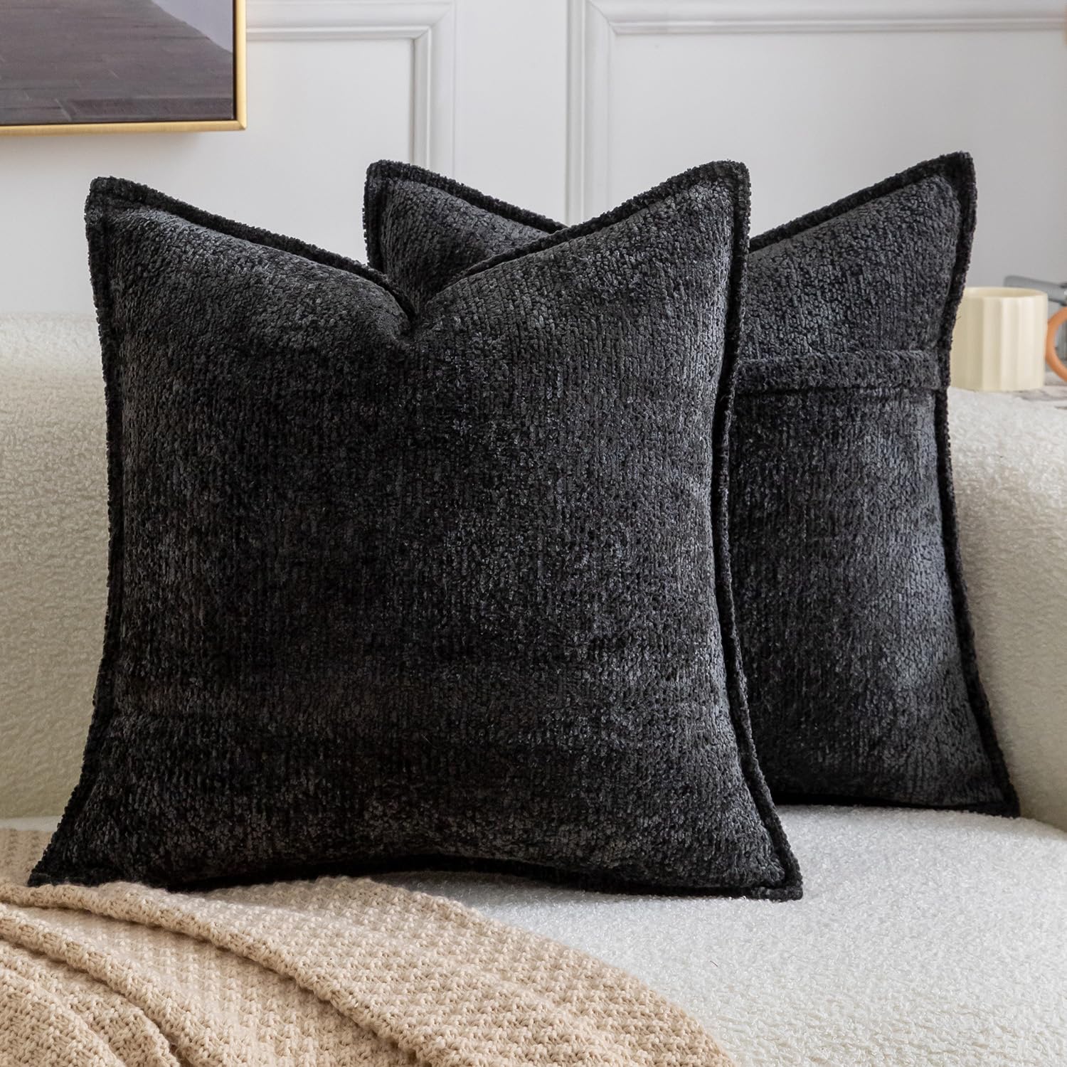 Madizz Pack of 2 Decorative Cushion Covers Boho Soft Textured Chenille Throw Pillows Solid Pillow Covers for Couch Sofa Bedroom Living Room 45x45 CM, Black