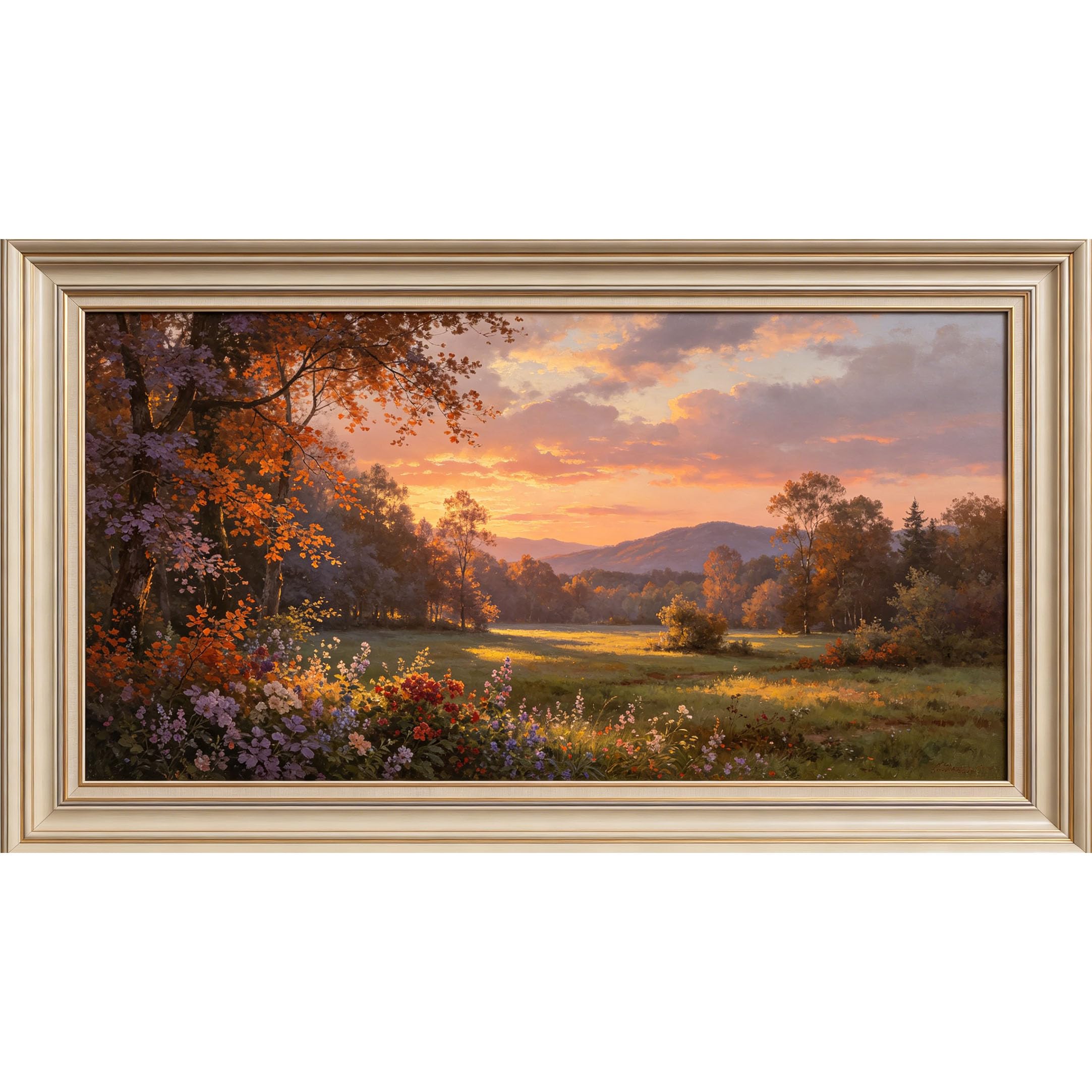 QZLITHOTIC 50×100cm 3D Framed Wall Art， Autumn Landscape Sunset Meadow Botanical Self?Adhesive Mural， Water?Activated Peel & Stick Fabric Decor Wall Decal for Bedroom Living Room