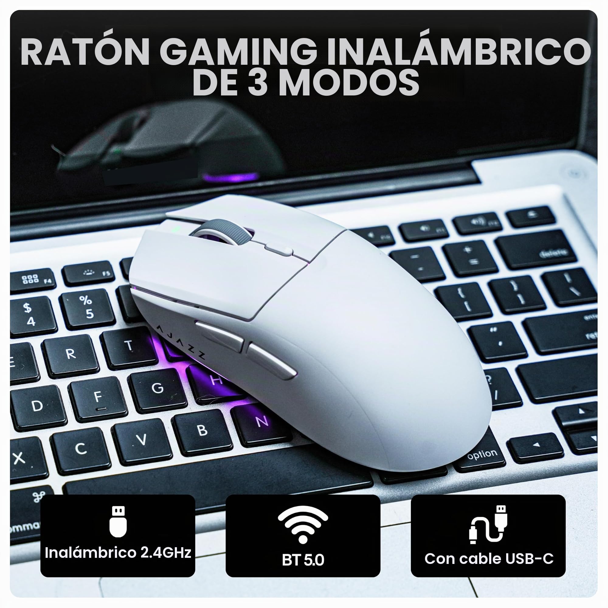 MechLands AJAZZ AJ139 V2 MC ratón para juegos con base de carga, DPI ajustable de 12.000, sensor PAW3311, ratón inalámbrico de 3 modos, batería de 500mAh, tasa de sondeo de 1000, 66g de peso ligero