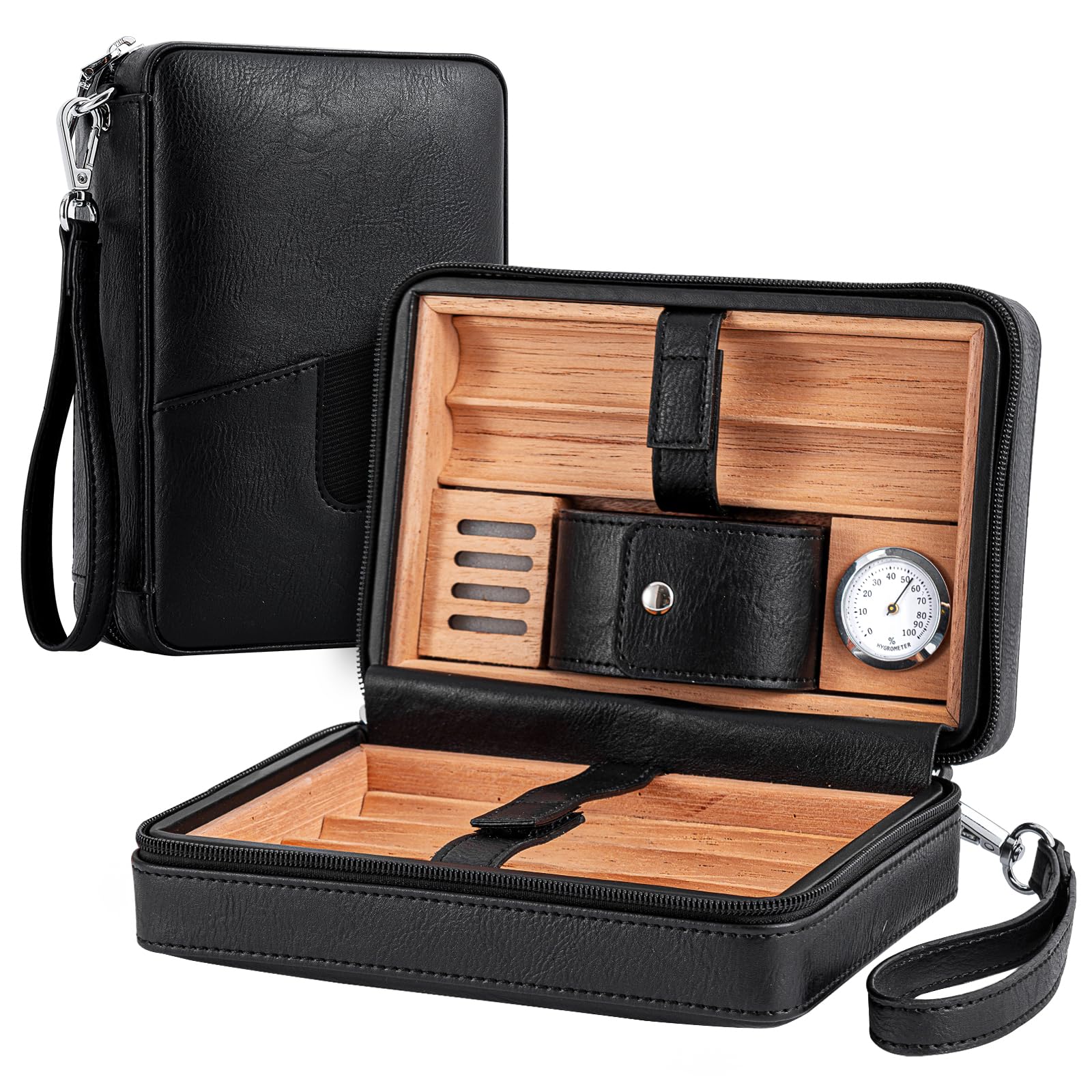 Humidor aus Zedernholz, Kapazität: 6 Stück, tragbarer Reise-Humidorkoffer mit Luftbefeuchter (schwarz)