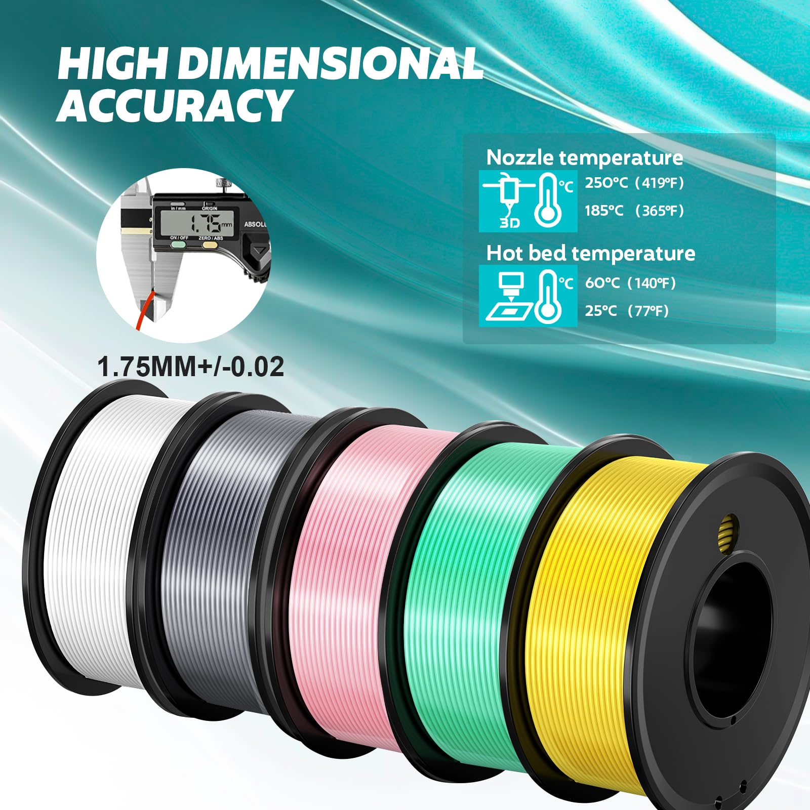 Lot de 5 filaments d'impression 3D - 5 couleurs - Blanc, argent, rose, vert, jaune - Précision dimensionnelle de 1,75 mm - Précision dimensionnelle ± 0,02 mm - Bobines de filament remplies sous vide