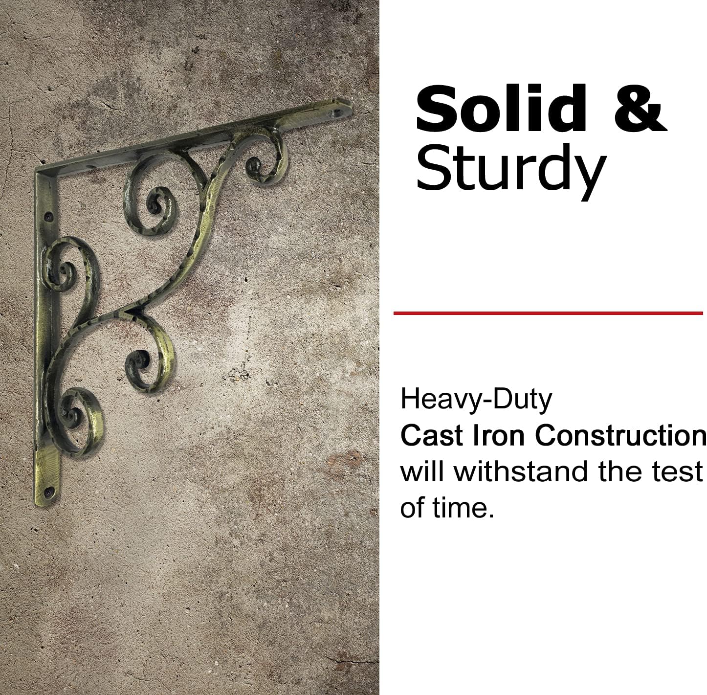 NACH Decorative Shelf Brackets, 2 Pack of 10 x 0.9 x 10 inch, Antique Brass Cast Iron Shelving Brackets - Metal Shelf Brackets for Wall - Victorian Scroll Shelf Bracket