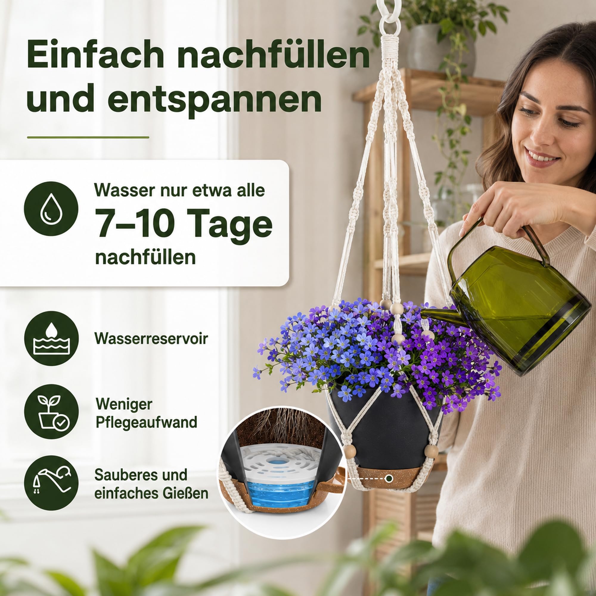 Lot de 3 pots de fleurs suspendus pour extérieur et intérieur, pots de fleurs suspendus avec auto-arrosage (14/15/18 cm), blanc bohème en macramé pour plantes d'intérieur, balcon et jardin