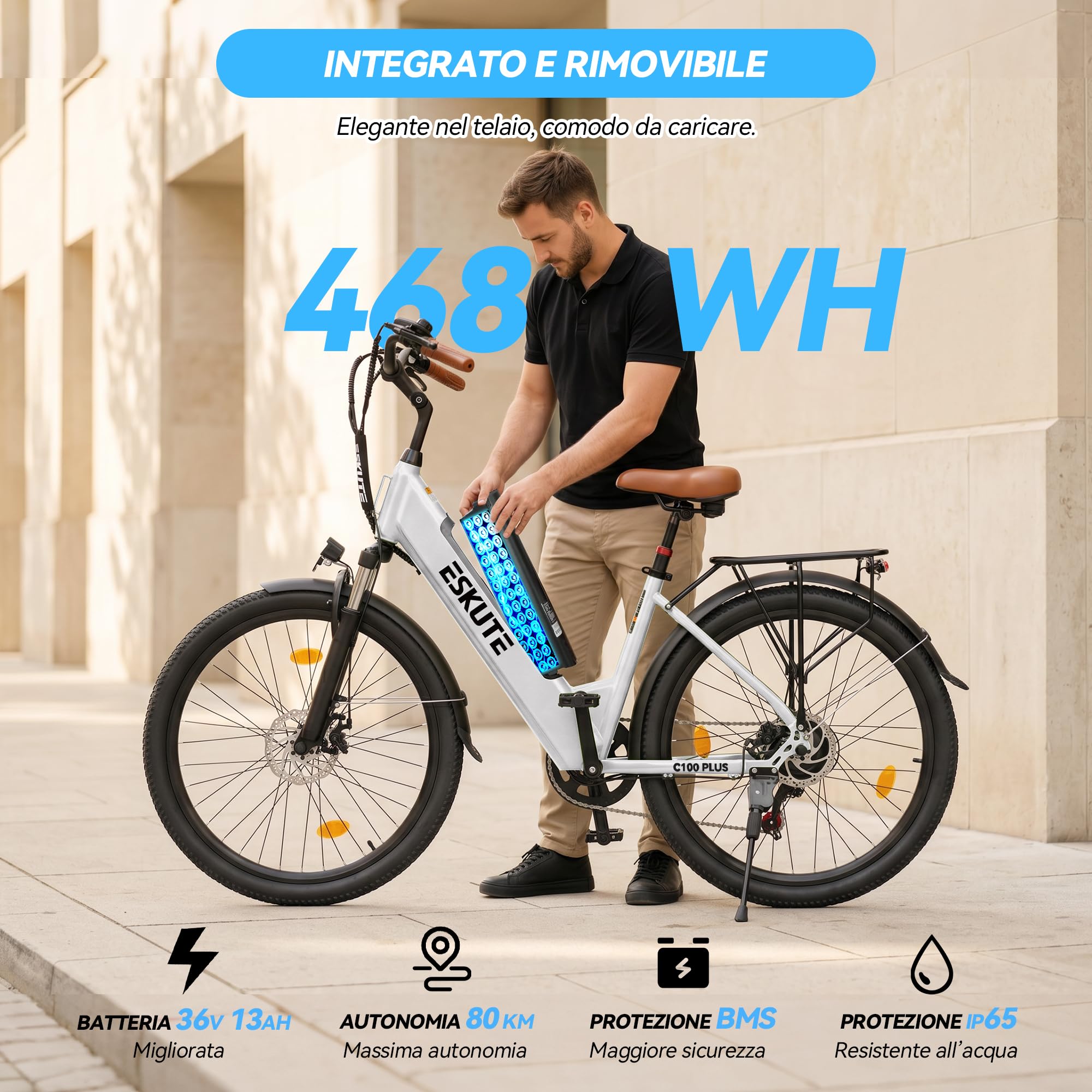 ESKUTE C100 Plus Bici Elettrica, 26 Pollici Bicicletta Elettrica, Motore 250W, Batteria Rimovibile 36V 13Ah, Velocità Massima di 25 km/h, 7 Velocità, Display LCD, E-bike per Adulti