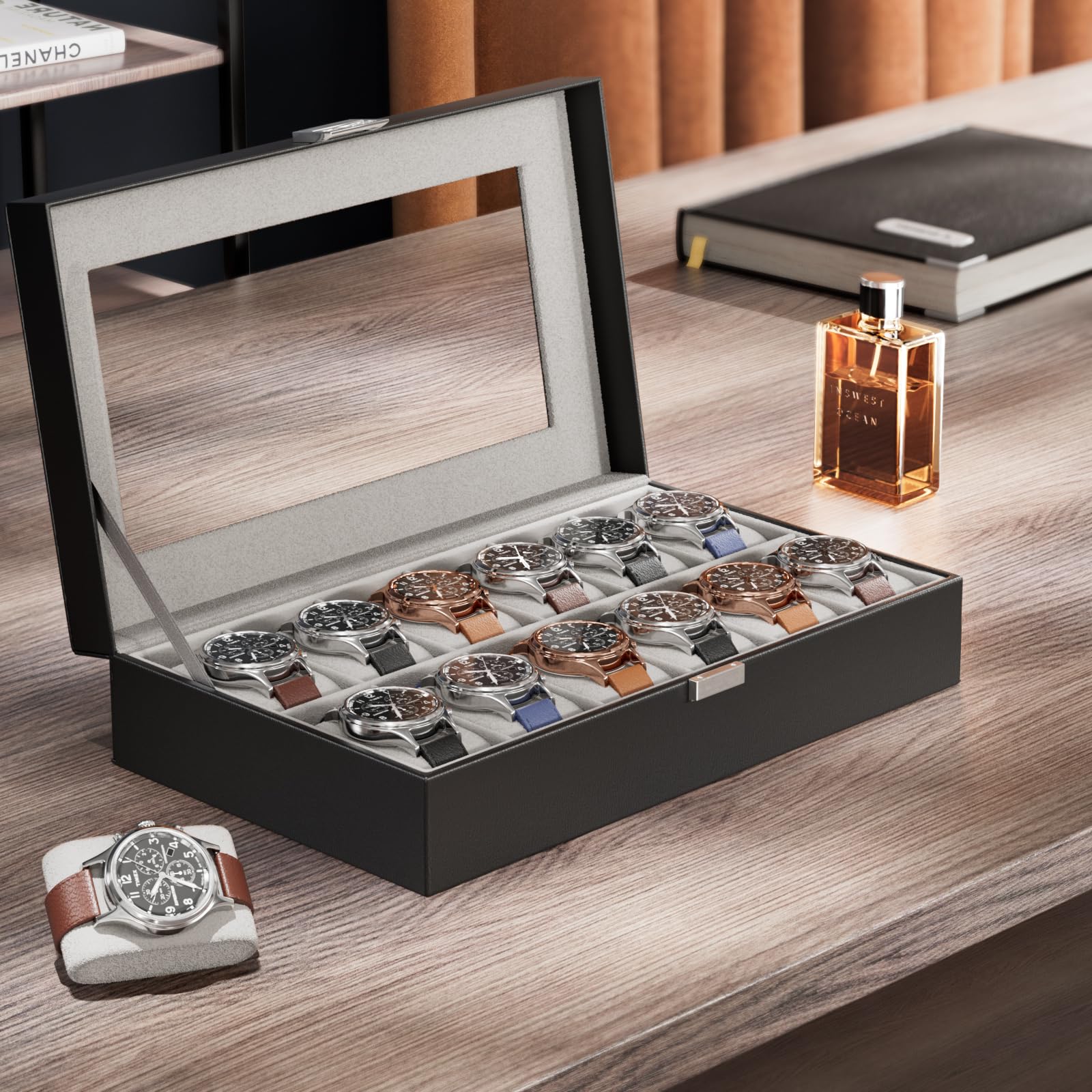 Boîte de Rangement pour Montres pour Hommes, 12 emplacements, Couvercle en Verre, Cuir PU, Noir.