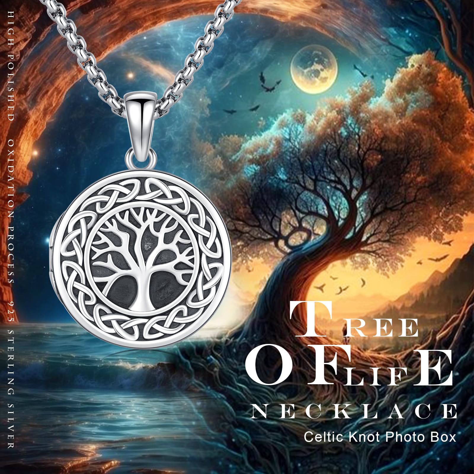CUOKA MIRACLE Medalion łańcuszek na szyję ze srebra wysokiej próby 925, drzewo życia, wisiorek na łańcuszku, oksydowane drzewo życia, amulet rodziny, dla kobiet, dziewcząt, matki