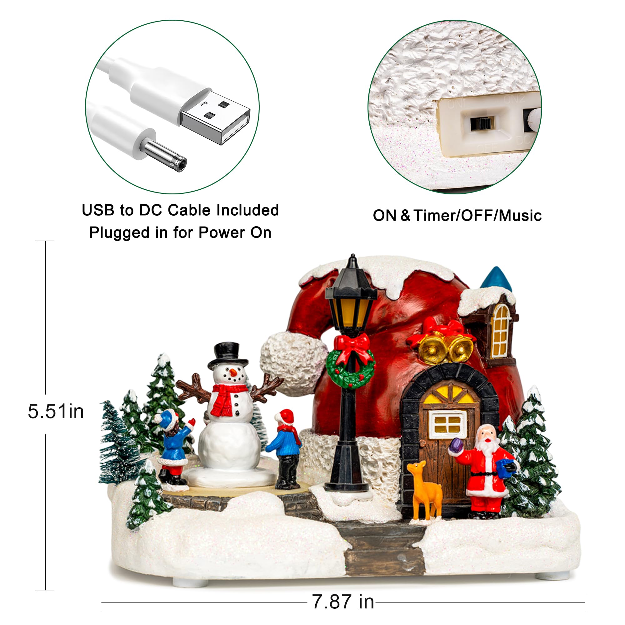 XPSCOCO Decoración musical mágica iluminada de pueblo de Navidad de 5.5 pulgadas, escena de taller de Papá Noel alimentada por USB para alegría de mesa de vacaciones