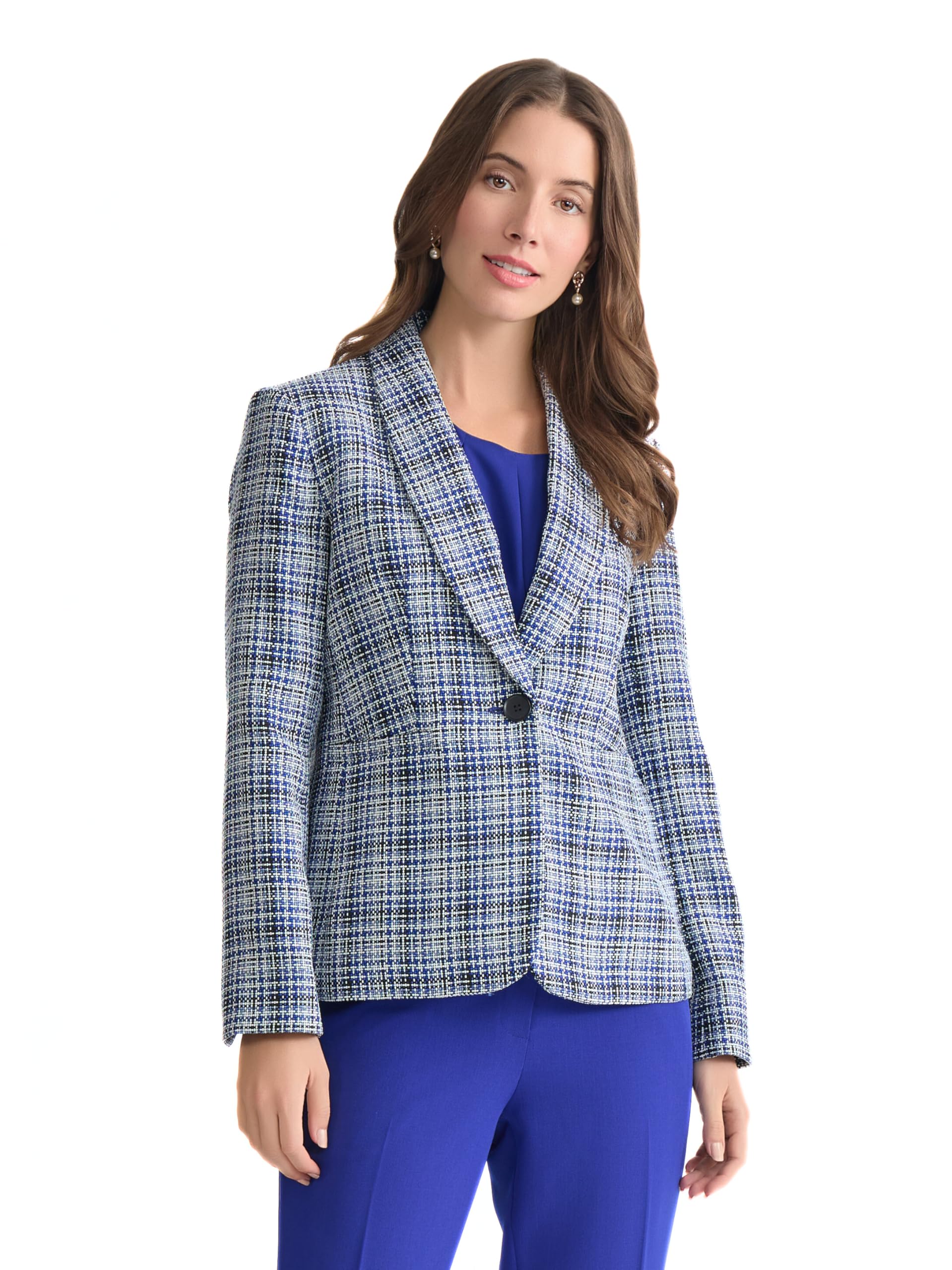 Kasper Womens Shawl Collar Tweed One-Button Blazer