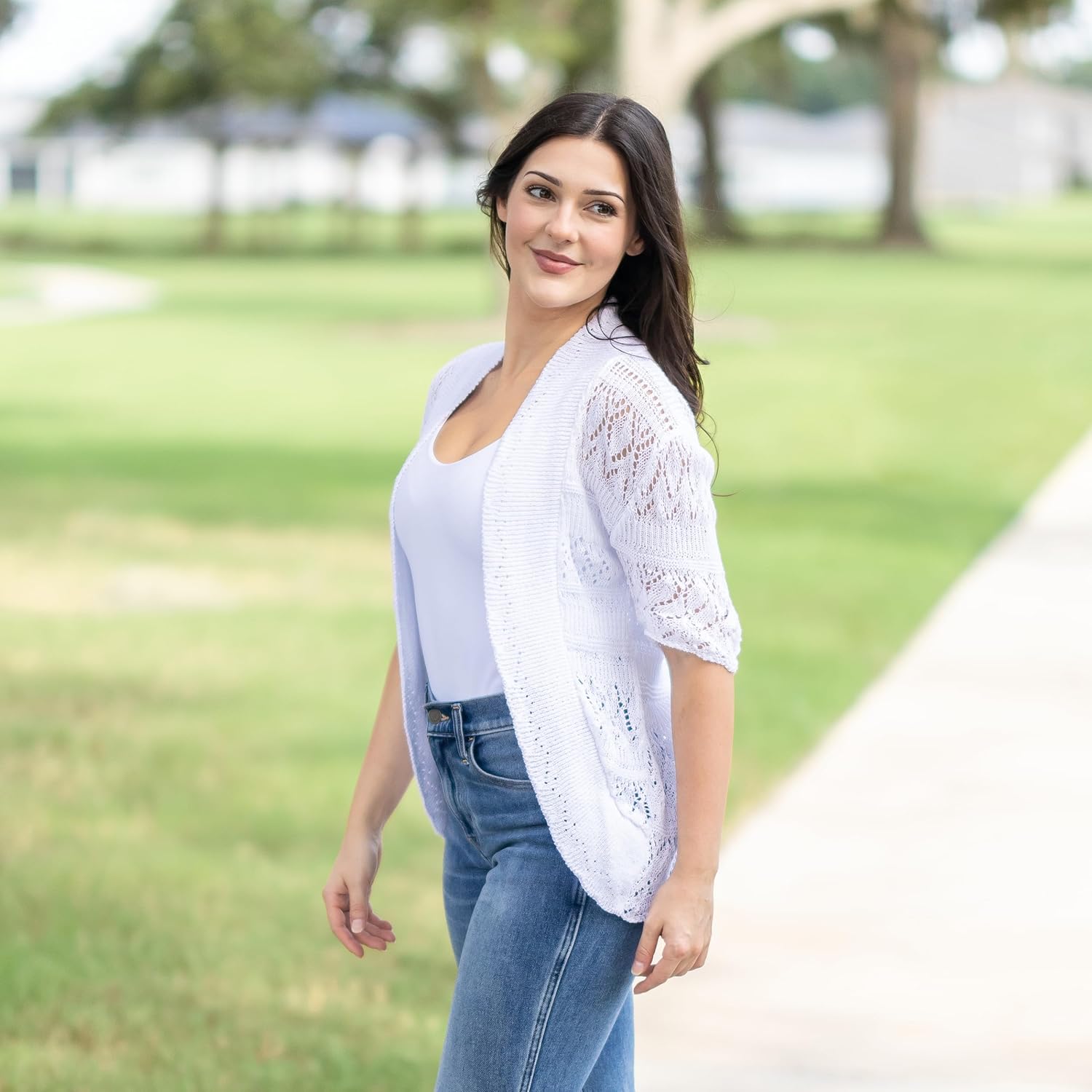 Loxdonz Women's Short Sleeve Crochet Knitted Bolero Shrug Cardigan Cropped Sweater - Image 4