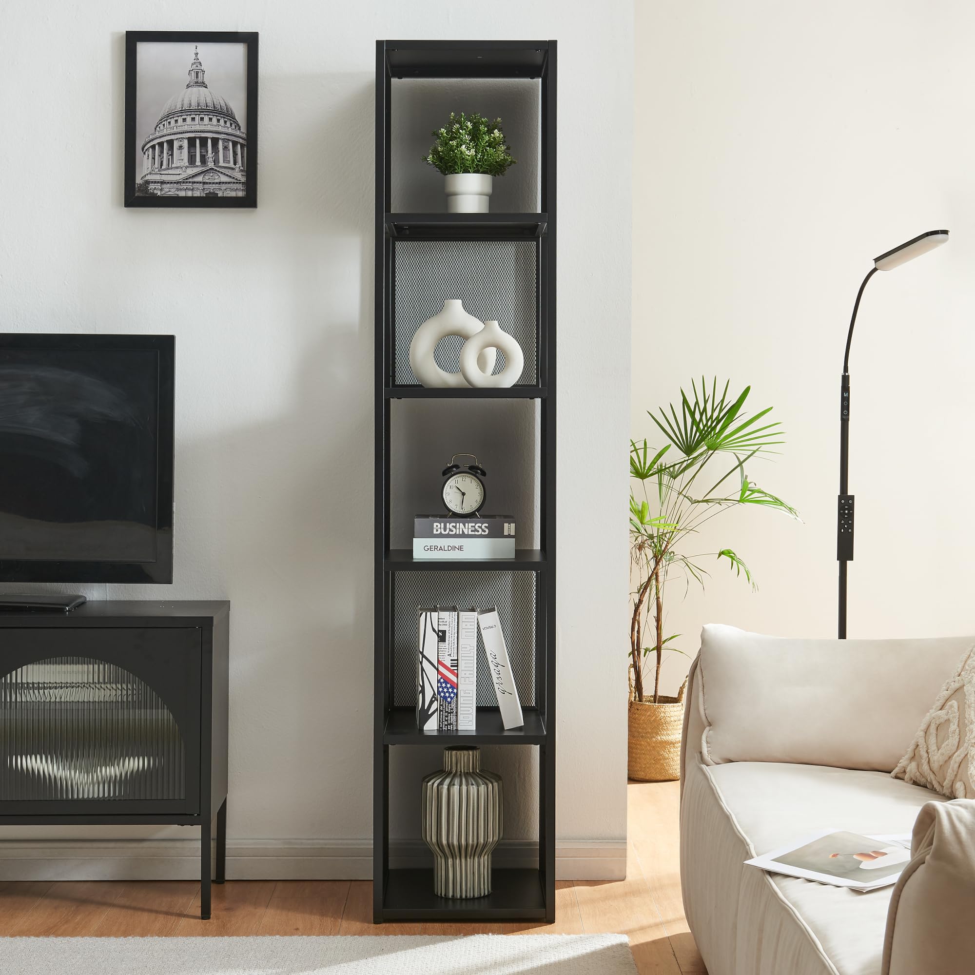 [en.casa] Scaffale da Terra Libreria in Acciaio con 5 Scomparti Aperti Mobile Espositore in Stile Industriale per Soggiorno Ufficio 185 x 38 x 38 cm - Nero Opaco