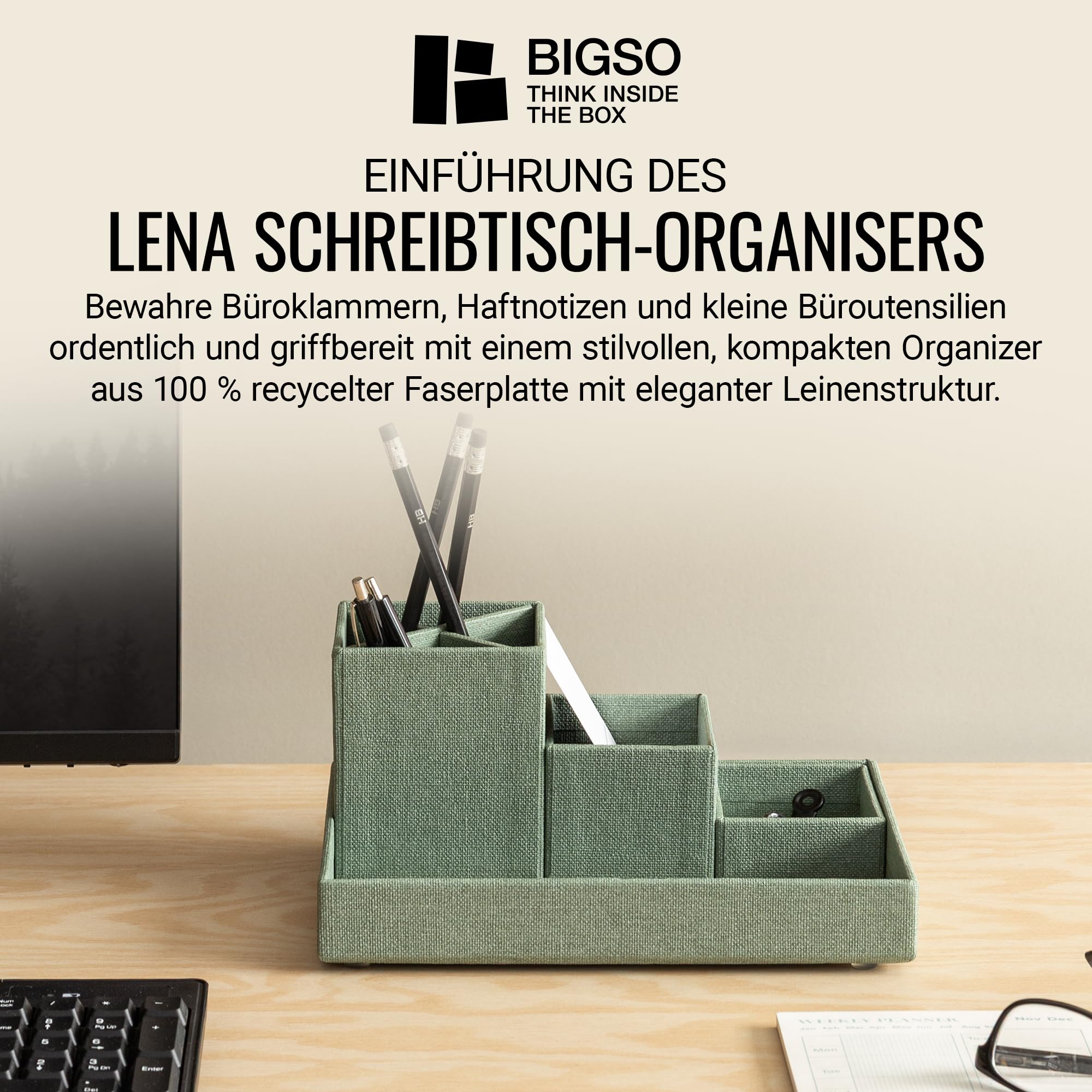 BIGSO BOX OF SWEDEN LENA Schreibtisch Organizer für Stifte, Büroklammern, Haftnotizen usw. – Sortierkasten mit 4 Fächern – Ordnungssystem aus Faserplatte und Papier in Leinenoptik – mintgrün