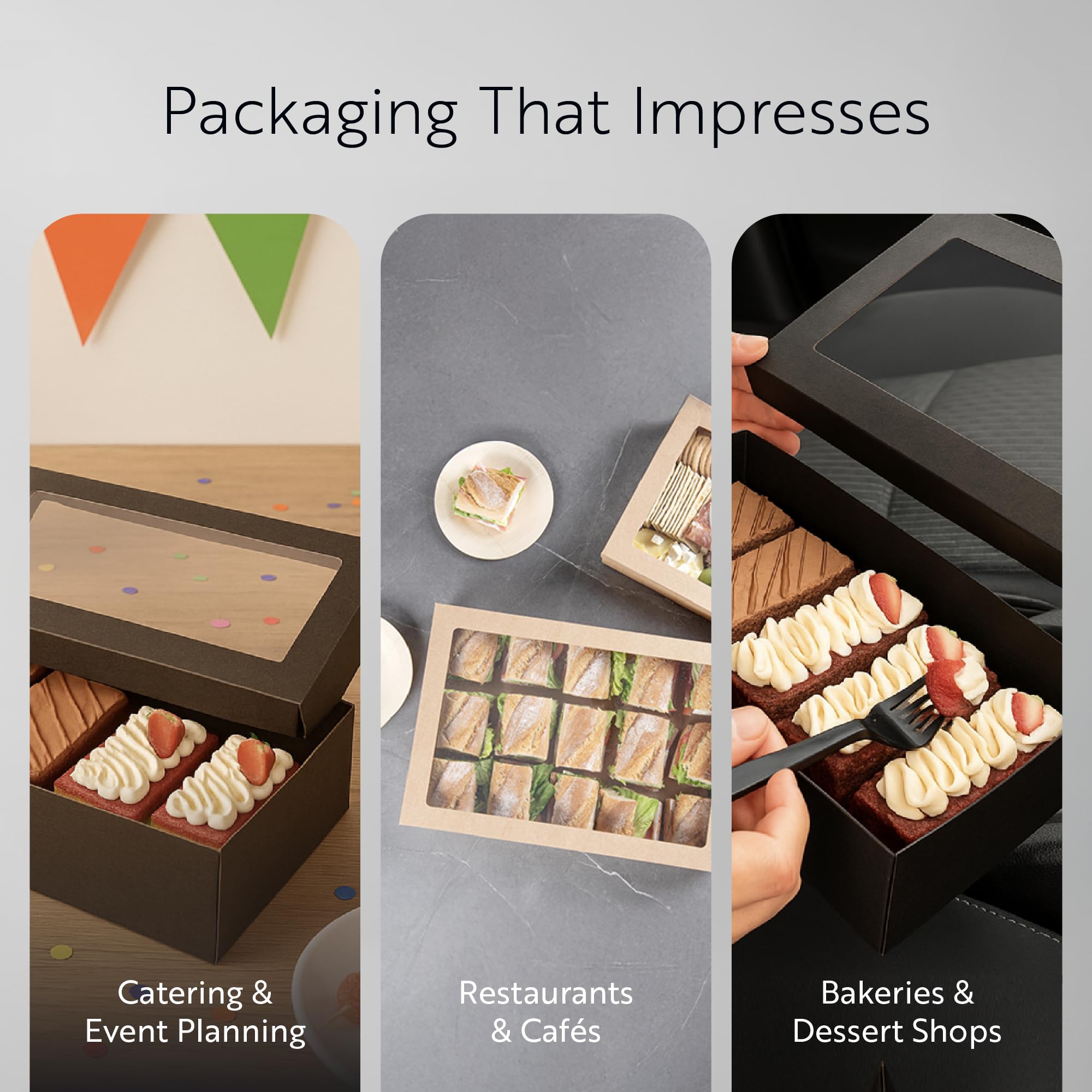 Restaurantware Cater Tek Cajas de productos horneados de 10.2 x 6.1 x 3.2 pulgadas, 10 cajas de pastelería a prueba de grasa, tapas de ventana, bloqueo de pestaña de inserción, cajas de catering de