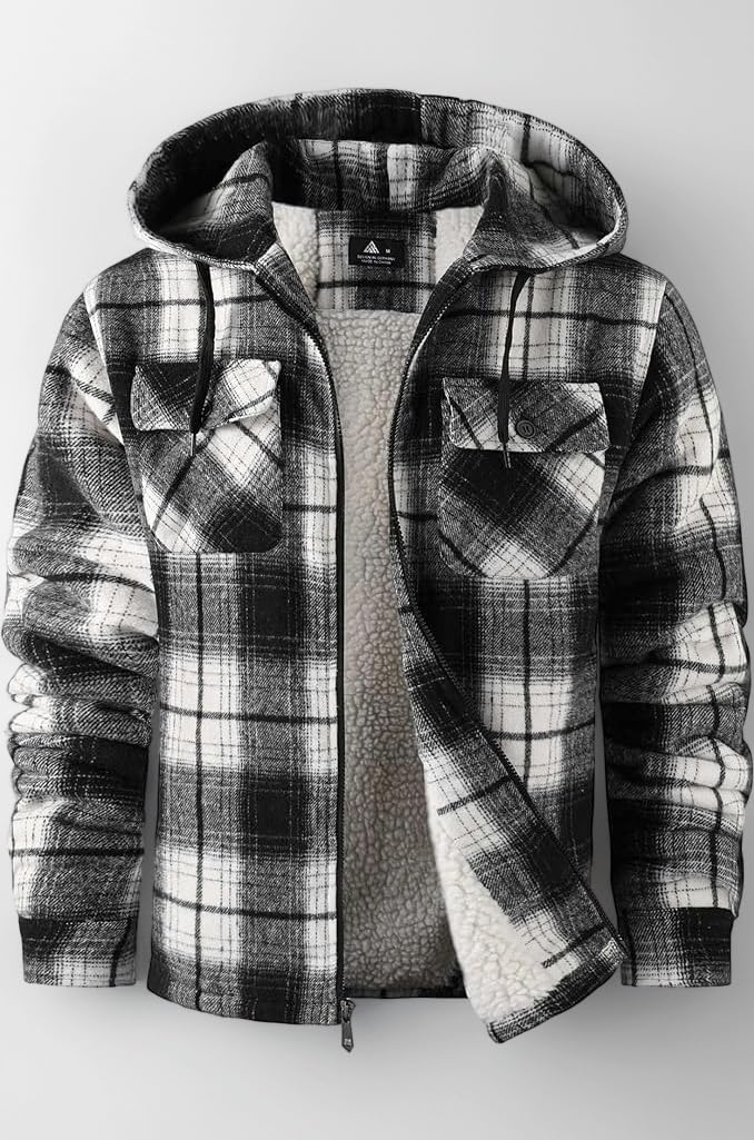 Men's Flannel Shirt Jacket Fleece Sherpa Lined Plaid Jackets Coat Full Zip Up Hoodie Winter Outwear