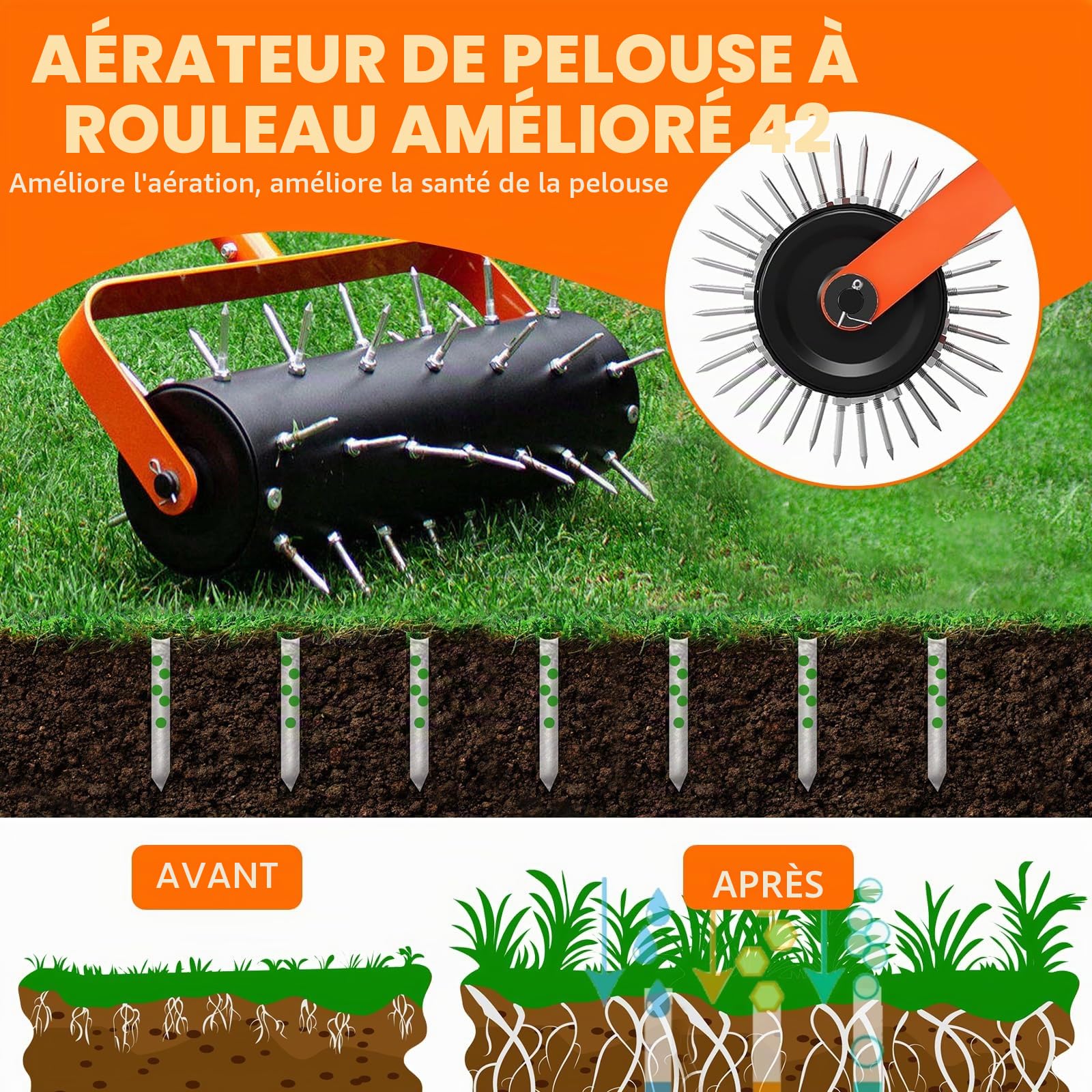LIROPAU Rouleau Aérateur Gazon, Scarificateur Gazon Manuel, avec 42 Clous de 5 cm et Protection Anti-éclaboussures, Rouleau Aérateur Gazon de Pelouse en Métal pour Pelouse, Jardin, Cour, 120 x 40 cm