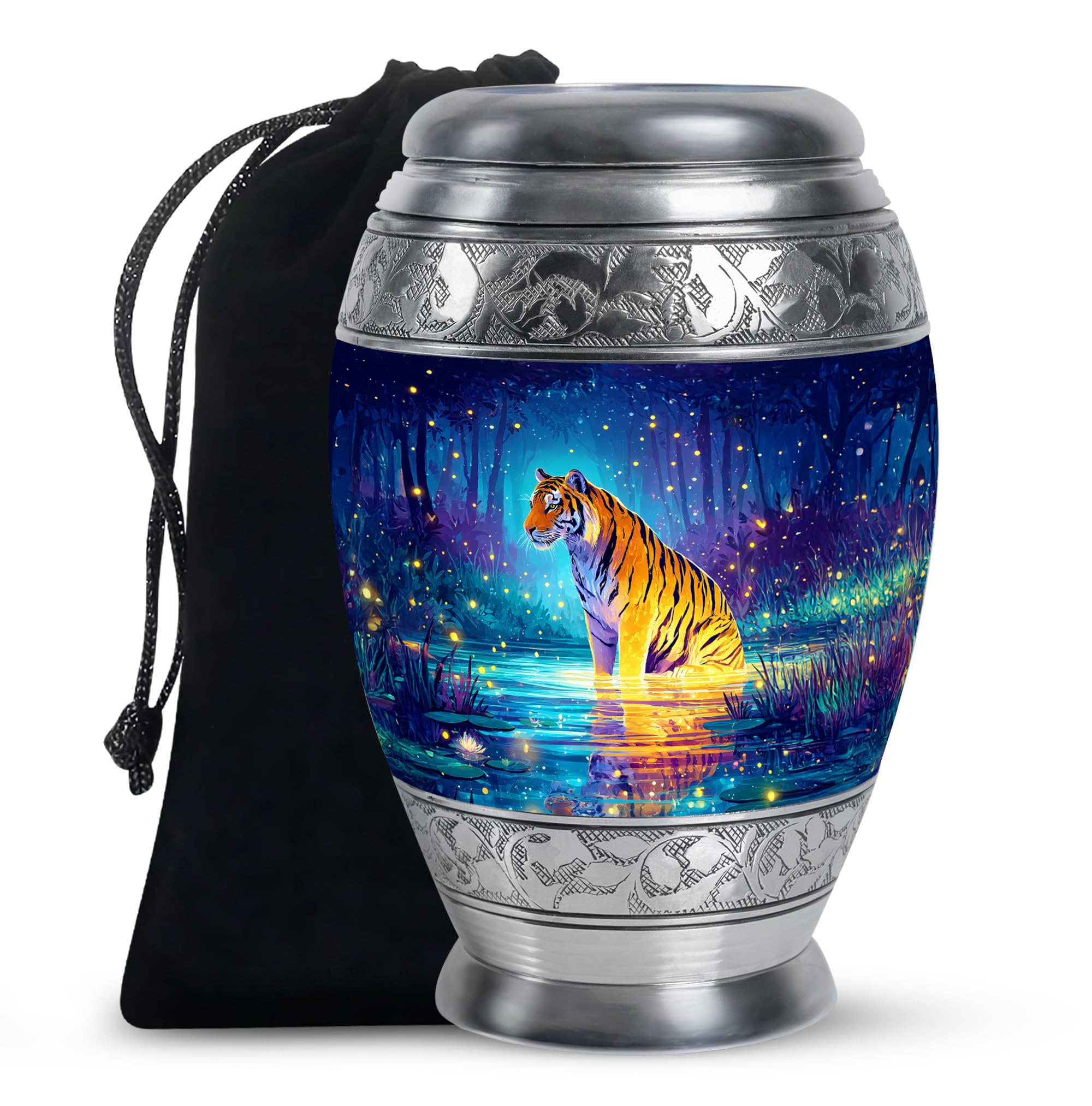 Tiger Large Urn for Family, Cremation Urns for Men and Women, Aluminium Urn for Ashes, Burial and Funeral Urns for Human Ash, 10 Inch Tall, Blue and Orange