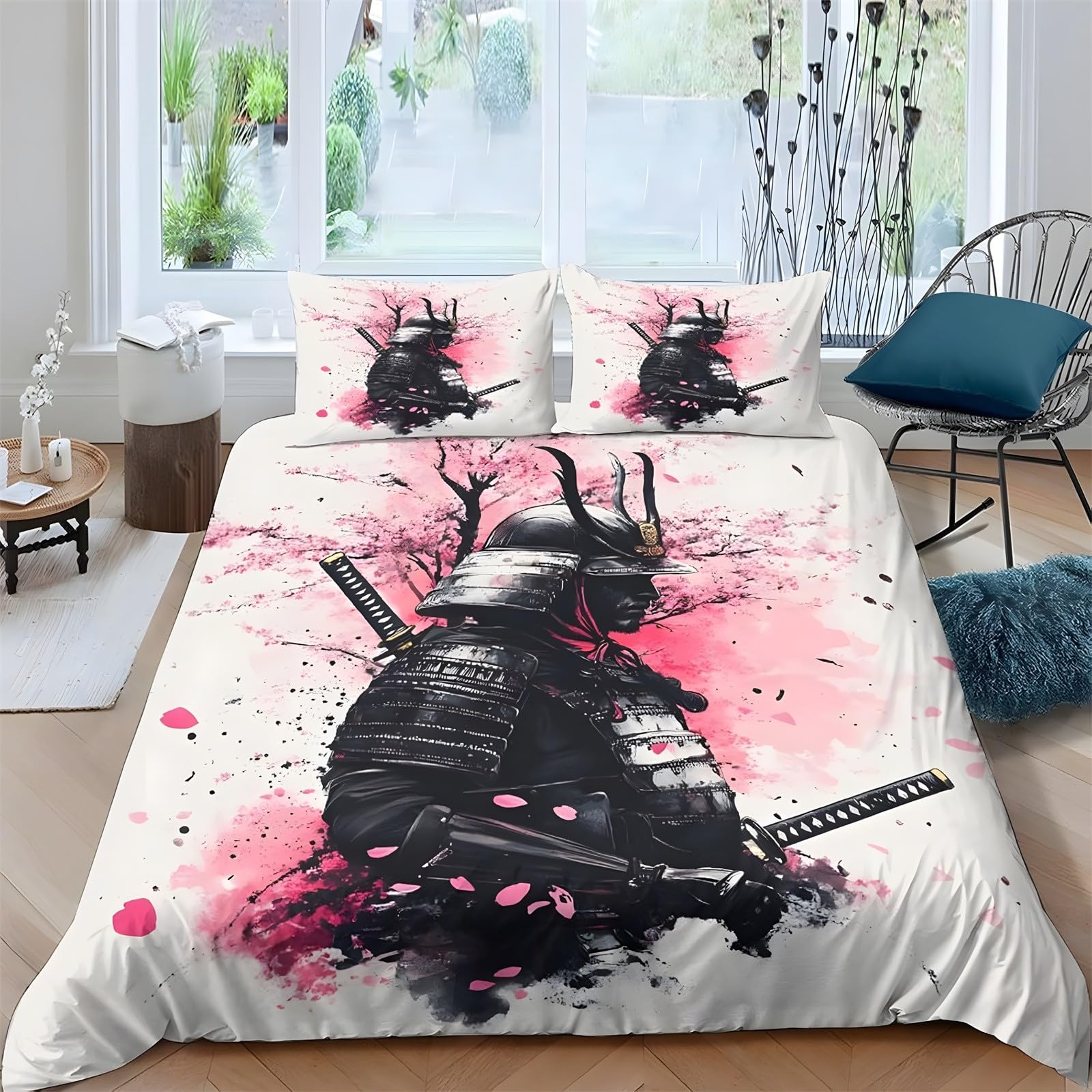 Ypthriline Single Duvet Cover Set Samurai Bedding Set Microfiber Cherry Blossoms Duvet Covers with Pillowcases Reversible Bedding With Zipper Closure 135x200CM