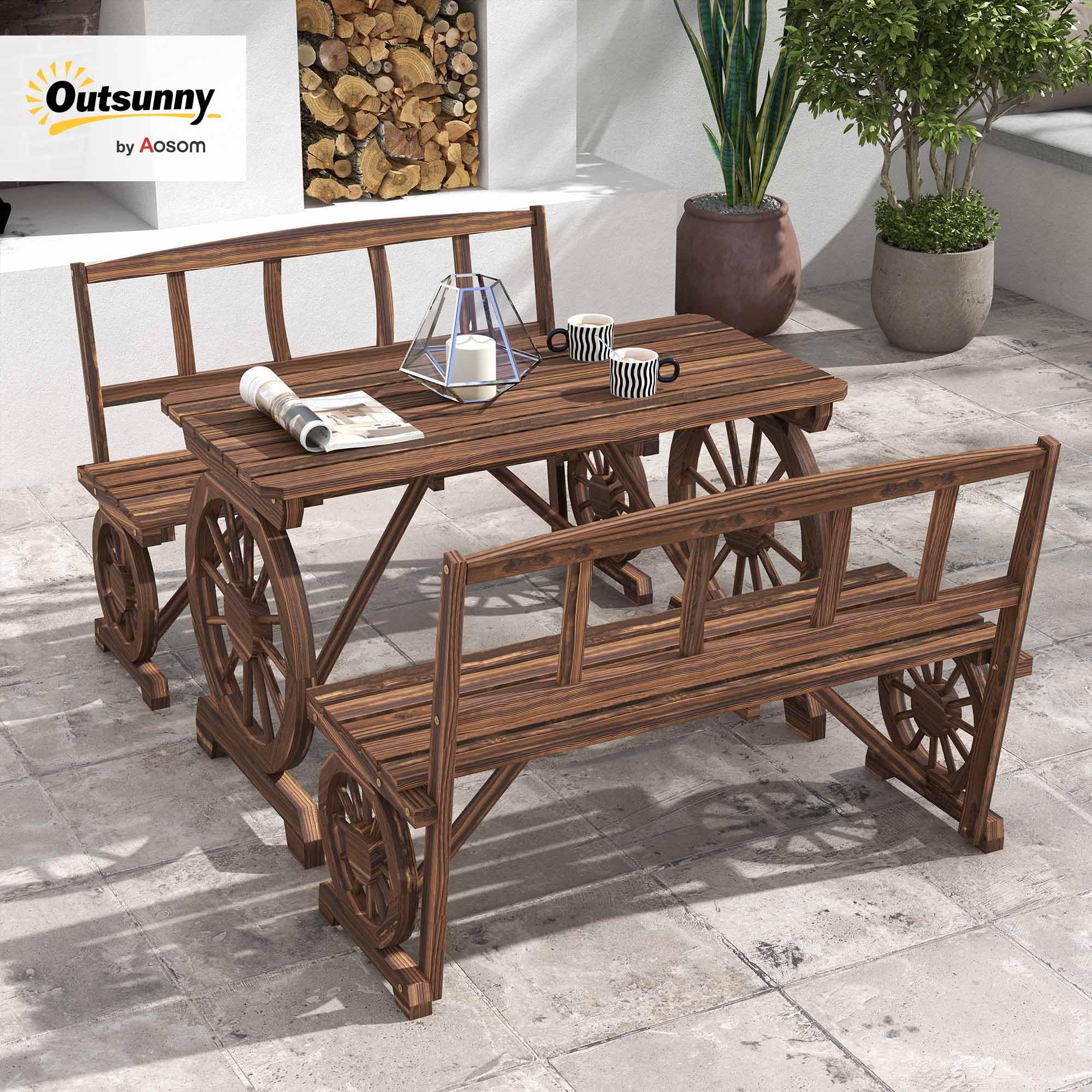Mesa y sillas para exteriores para 4 personas, juego de mesa de patio de madera y banco de comedor, juego de muebles de 3 piezas para todo tipo de clima con diseño de rueda de carro para 2