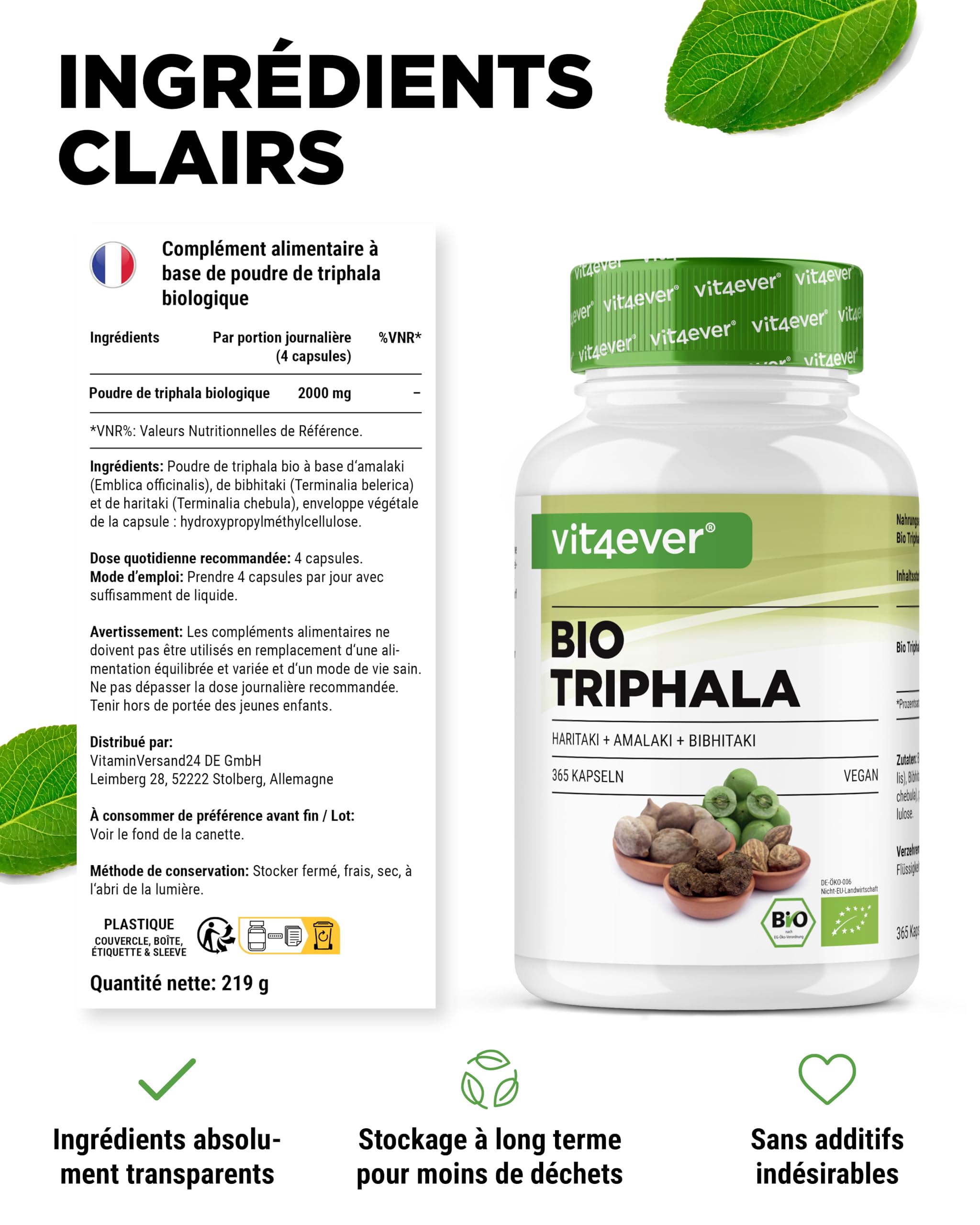Triphala Bio - Haute Dose de 2000 mg (500 mg par capsule) - 365 capsules - Poudre de Triphala de l'Inde : Haritaki, Amalaki, Bibhitaki - Sans Additifs - Vegan